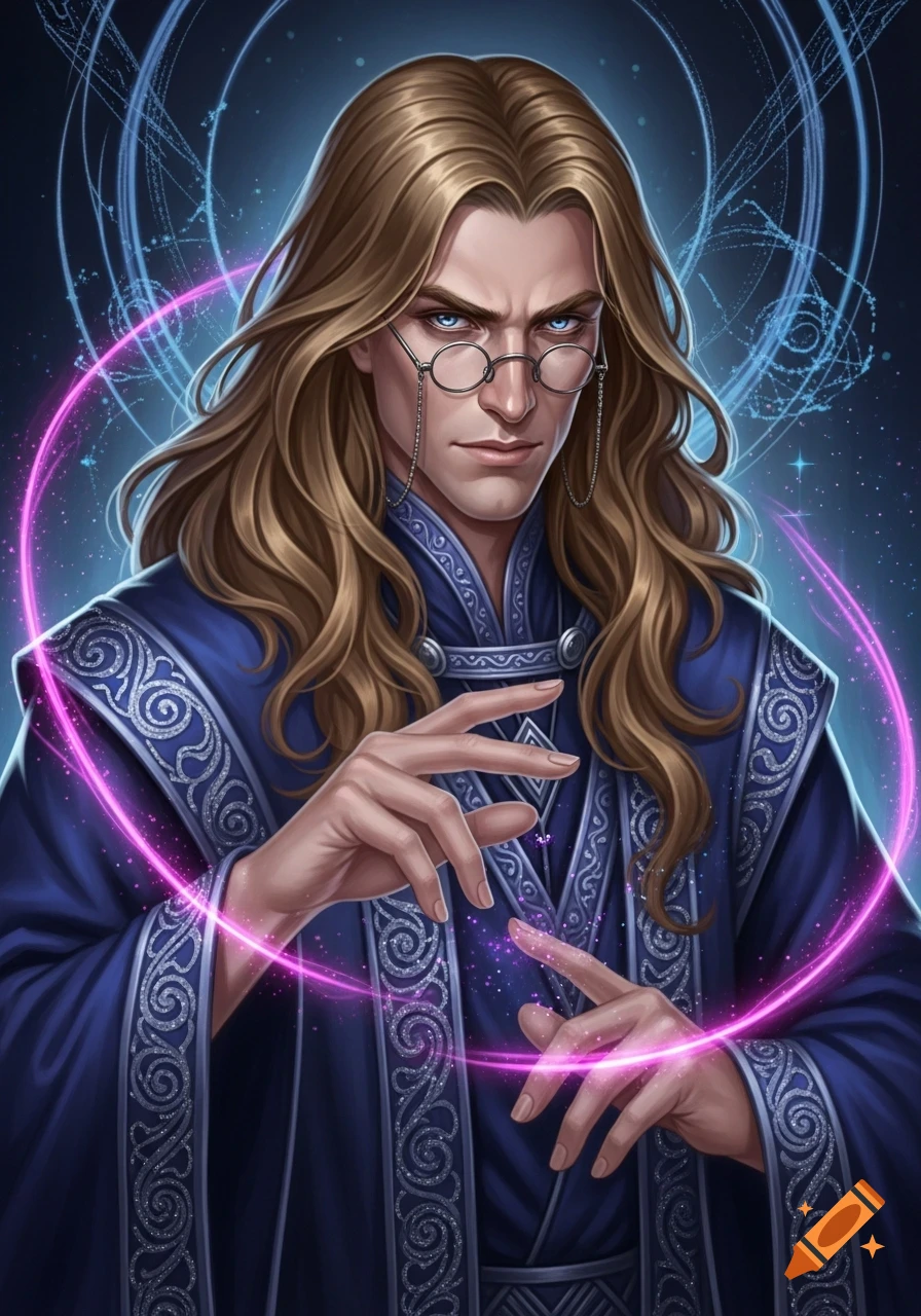 A blonde-haired male wizard in a blue robe and spectacles conjures purple magic with his hands, against a starry background.