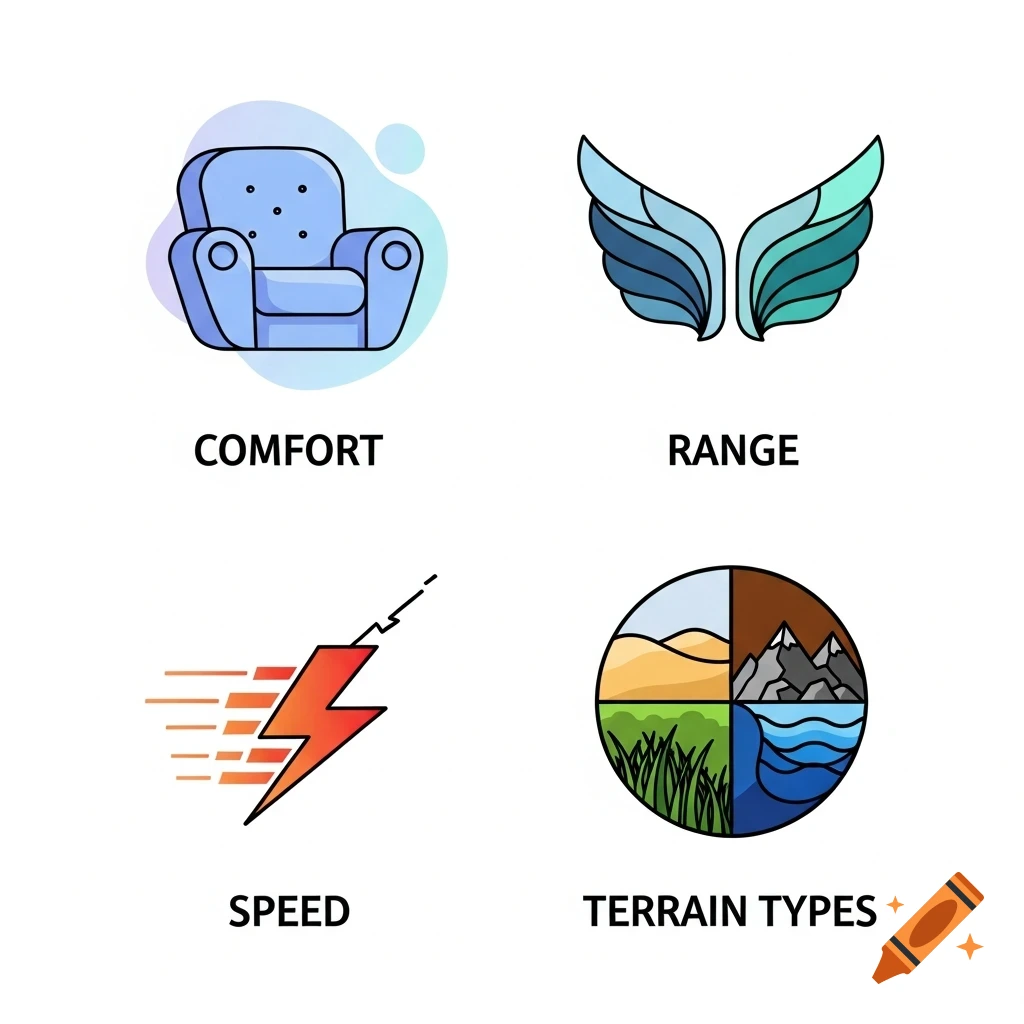 Four icons for comfort (armchair), range (wings), speed (lightning bolt), and terrain types (circular landscape).