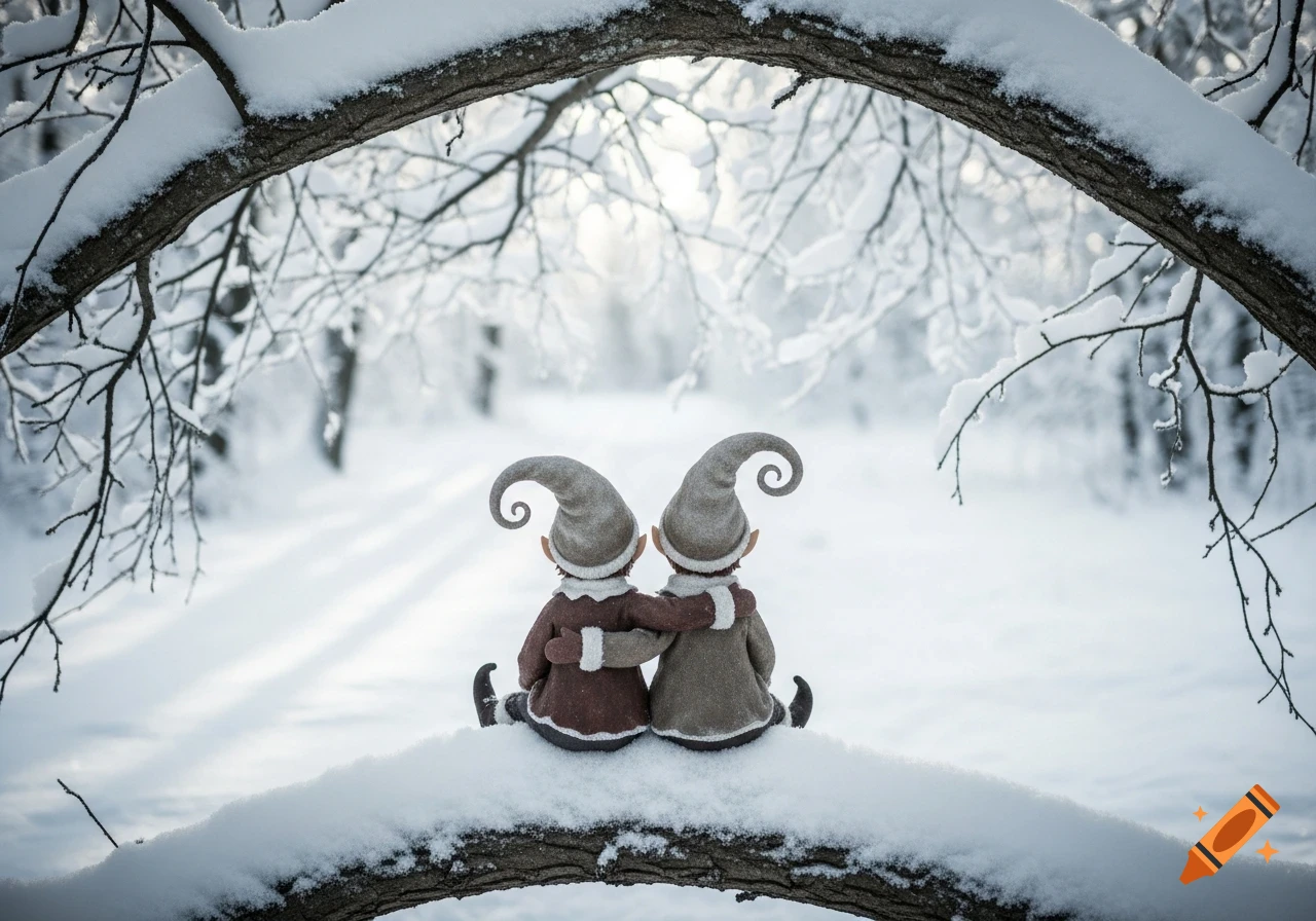 Two gnomes with curled pointed hats sit arm in arm on a snow-covered tree branch, looking into a snowy winter forest. Photorealistic style.