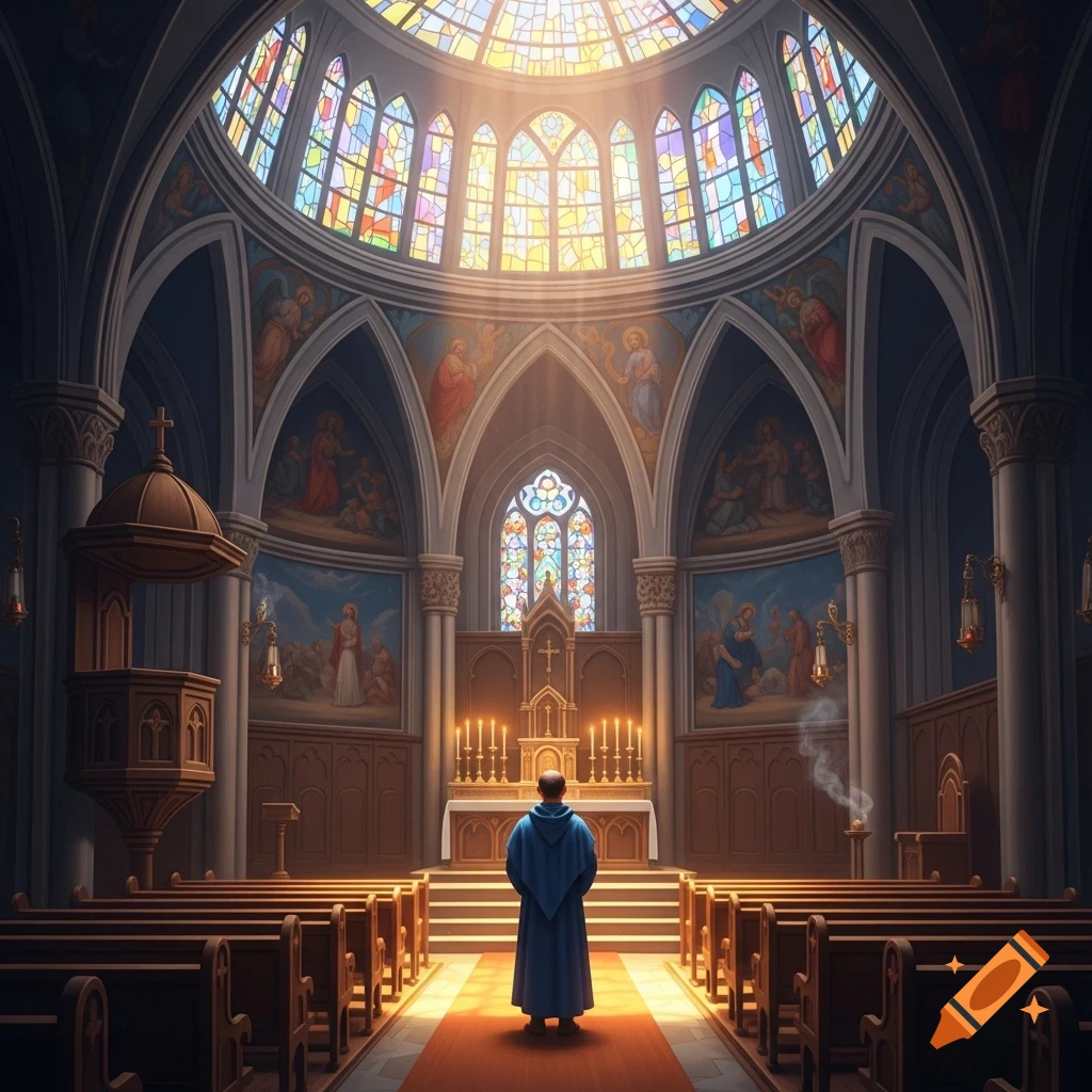 A person in a blue robe stands in a grand church, facing the altar with lit candles, under a dome of colorful stained glass windows.