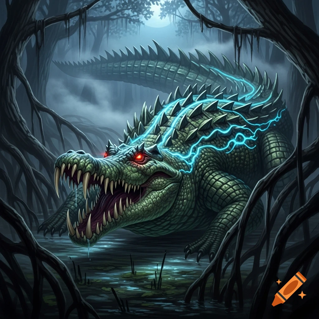 A menacing mutated crocodile with glowing red eyes and blue lightning on its back, in a dark, misty swamp.