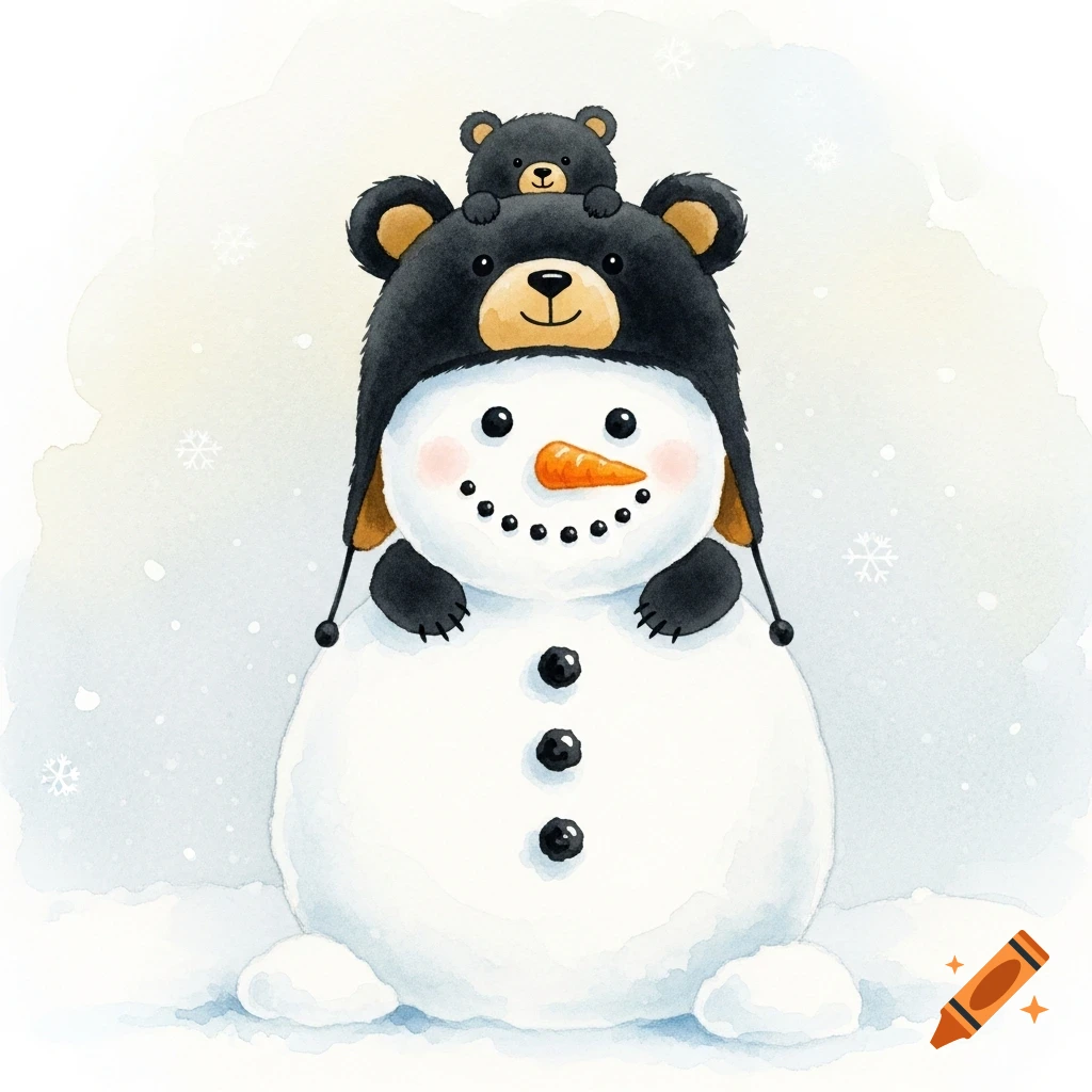 Watercolor illustration of a cute snowman wearing a black bear hat with a small bear on top, in a snowy setting.