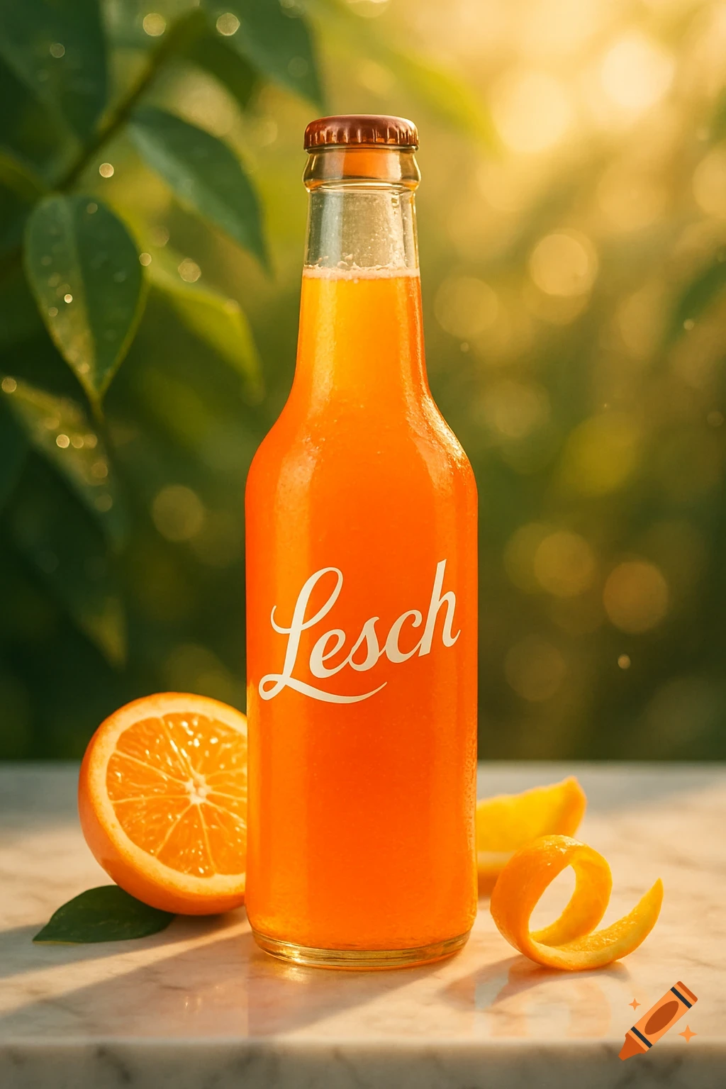 A refreshing bottle of orange soda with the 'Lesch' label, condensation, an orange slice, and a twisted orange peel on a marble surface in sunlight.