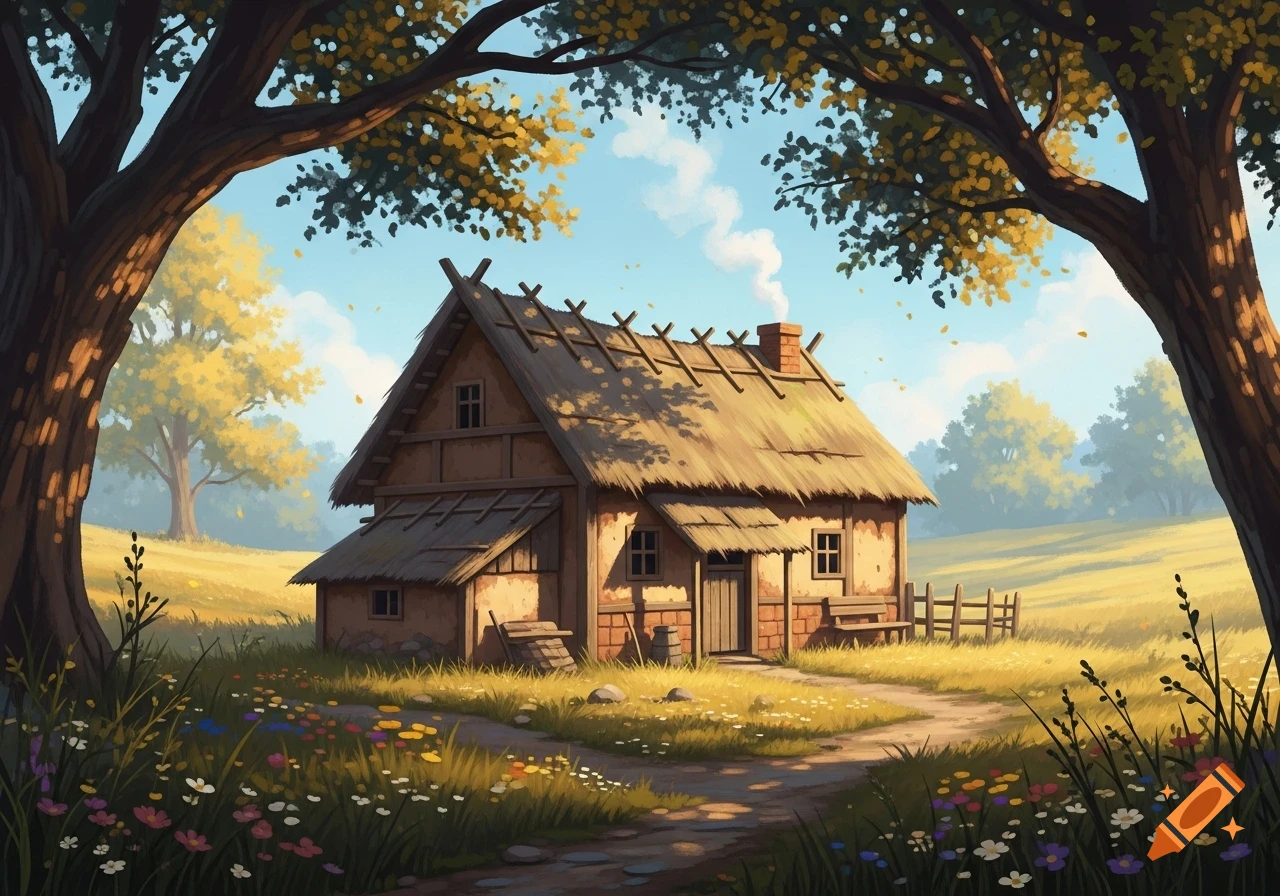 A rustic, thatched-roof cottage in a vibrant, sunlit rural landscape with trees and wildflowers, in a painterly style.