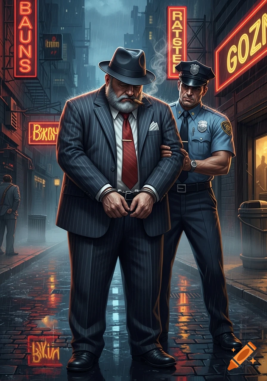 A bearded man in a pinstripe suit, hat, and cigar, handcuffed, is escorted by a police officer in a rainy, neon-lit city alley. Illustrative style.