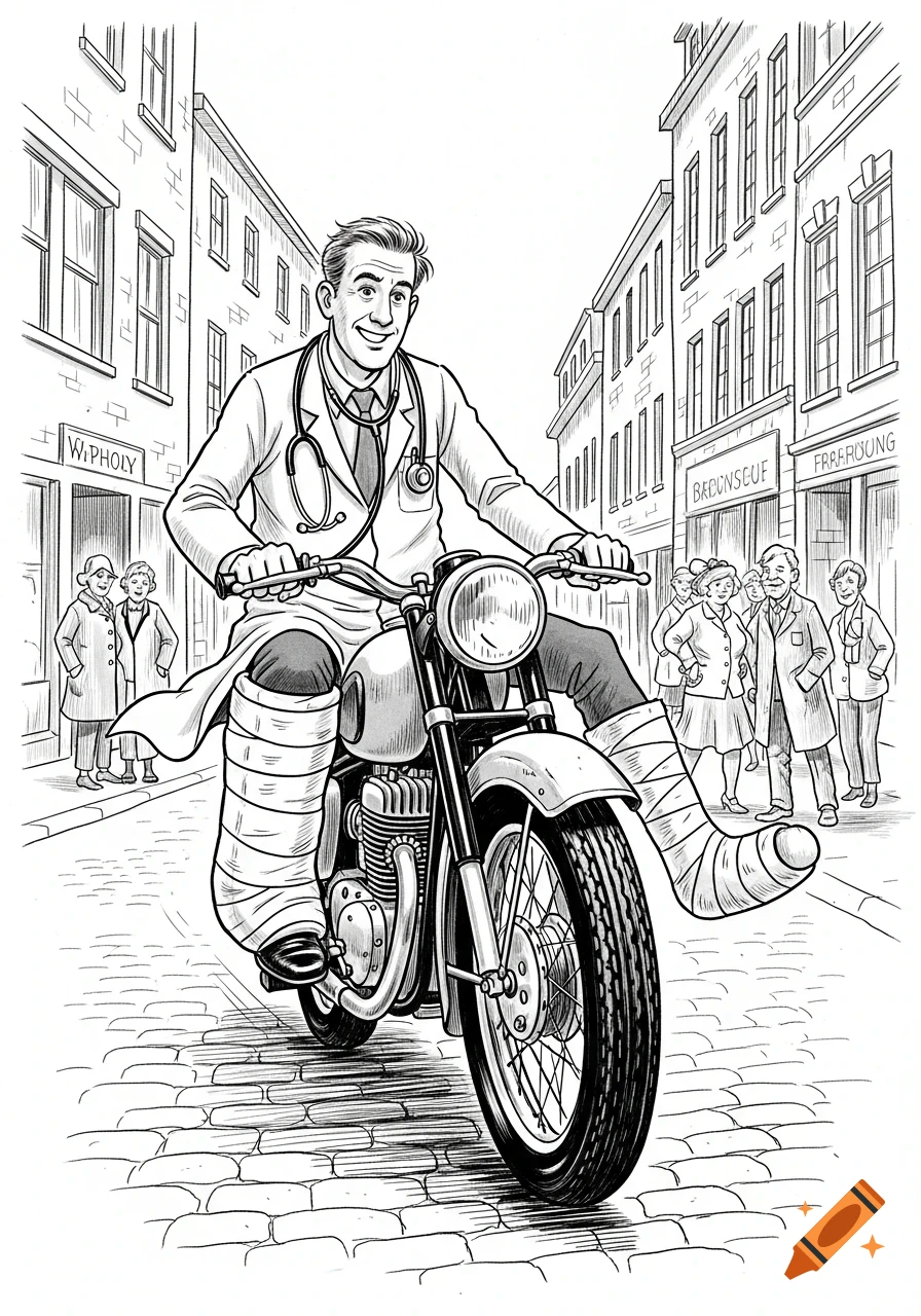 A black and white cartoon shows a smiling doctor with bandaged legs riding a vintage motorcycle down a city street, past onlookers.