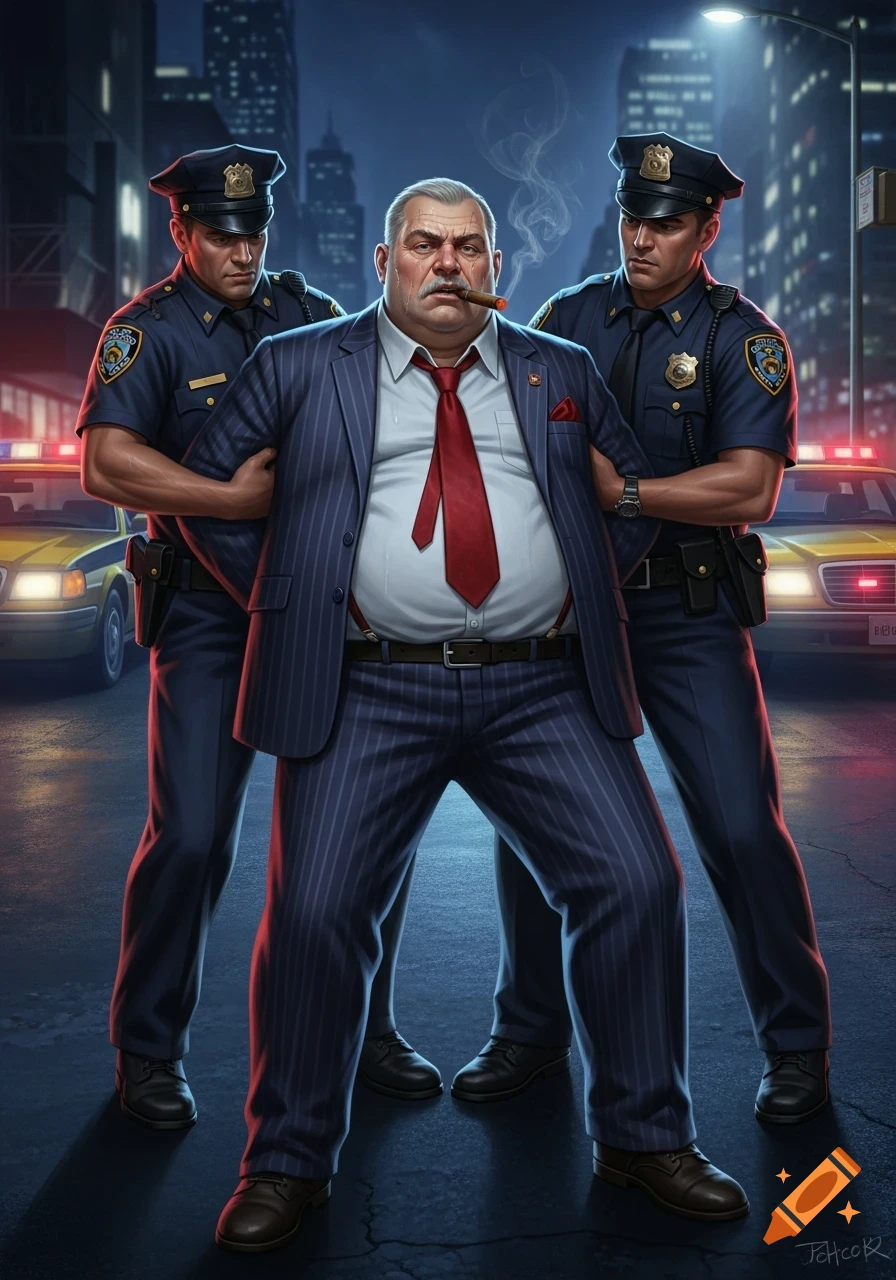 Illustration of a portly mobster in a pinstripe suit and red tie, smoking a cigar, being arrested by two police officers at night, with patrol cars in the background.