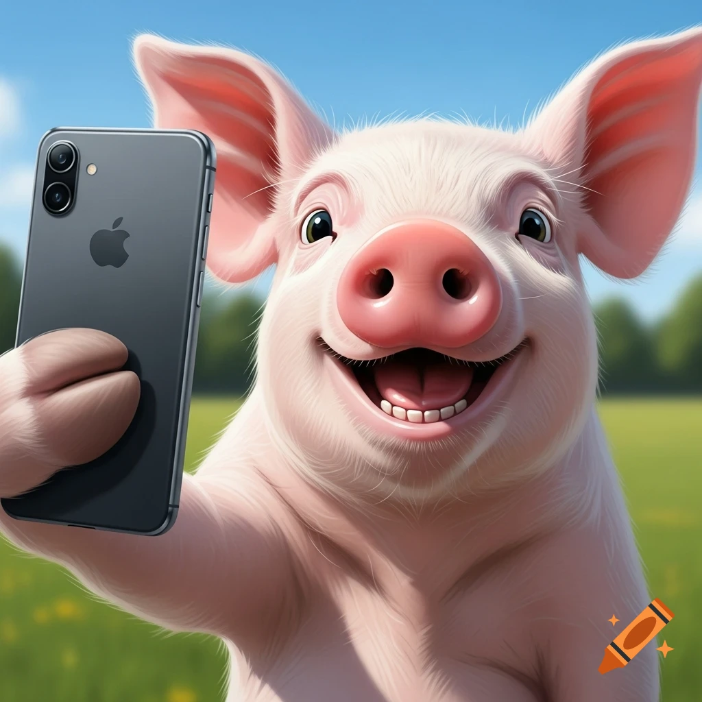 A cute, smiling pink pig takes a selfie with a smartphone in a grassy field under a blue sky, photorealistic style.