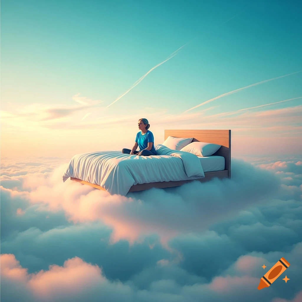 A person sits on a bed floating above clouds at sunset, with blue and orange sky above, in a dreamy style.