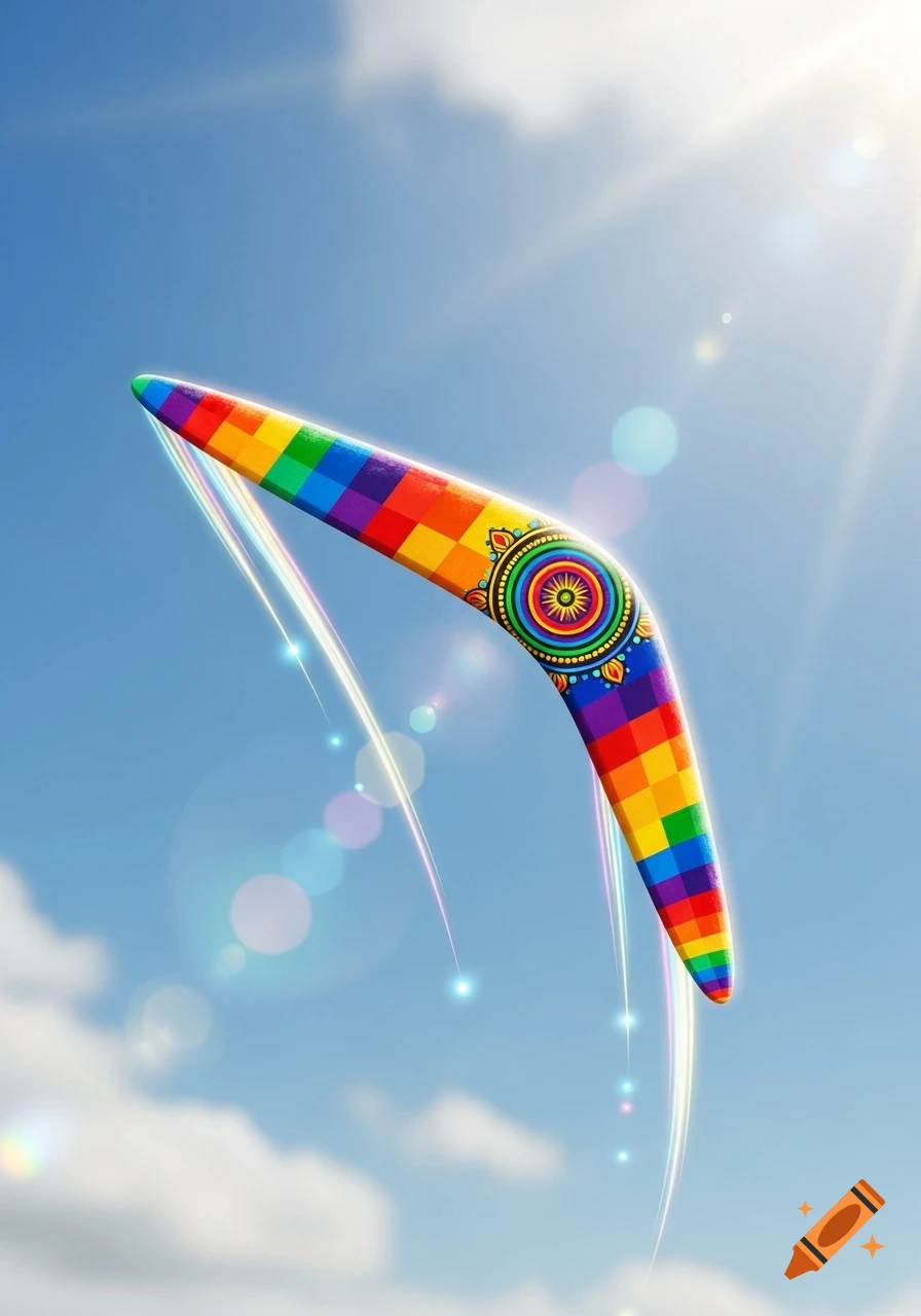 A vibrant rainbow-colored boomerang with a circular mandala pattern flies across a bright blue sky with soft clouds and sun flares.