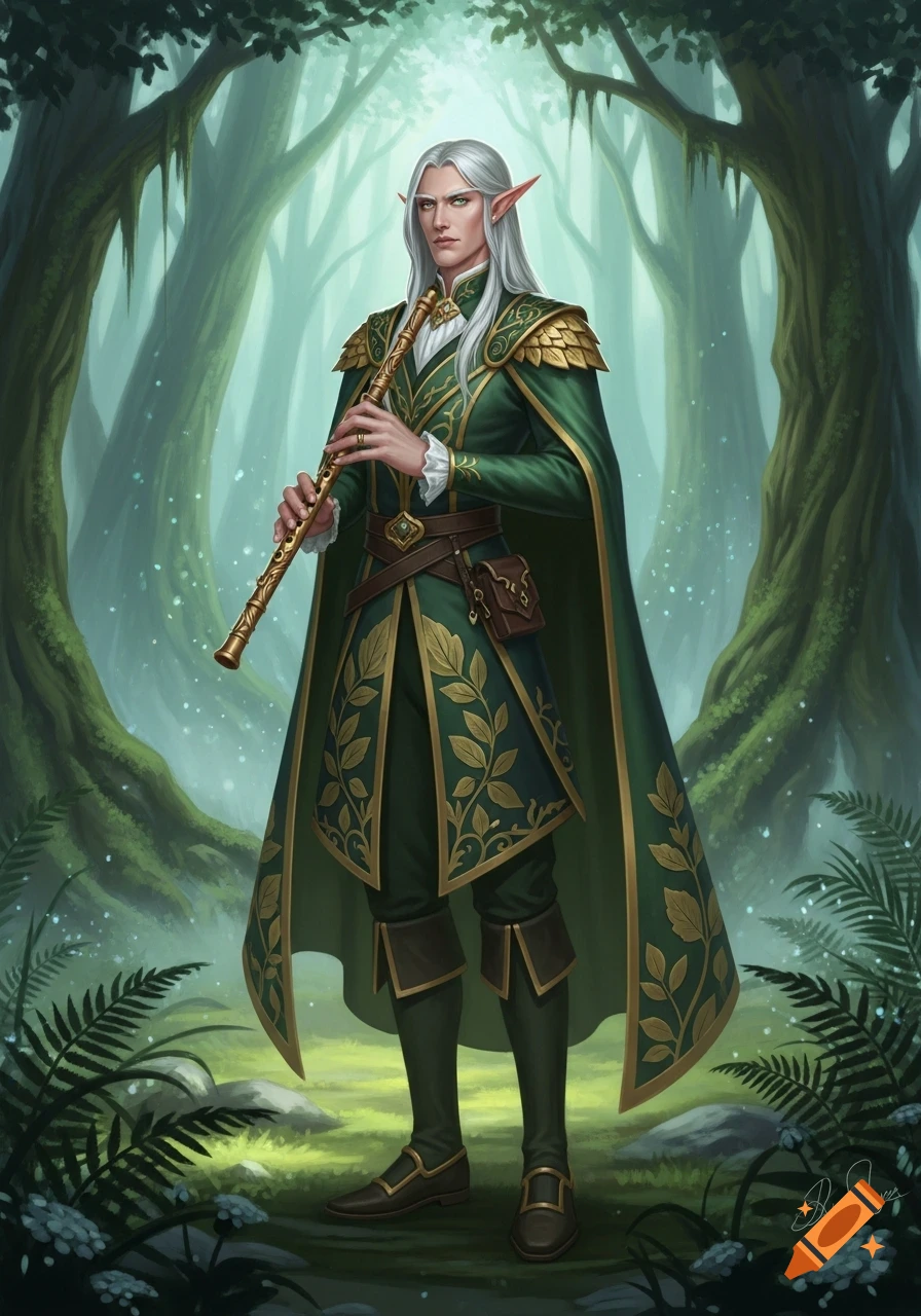 A noble male elf bard with long white hair, pointed ears, and a green and gold outfit plays a flute in a magical forest.