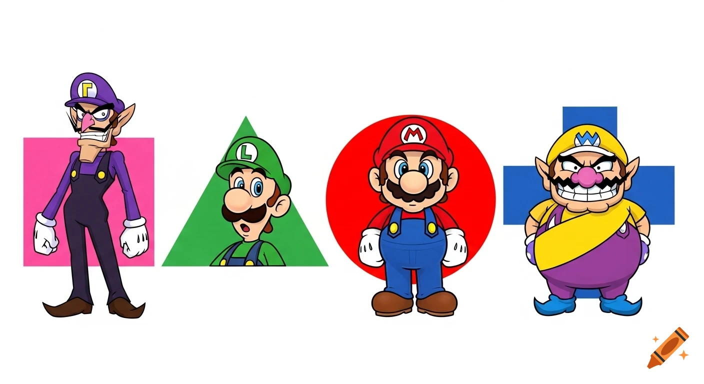 Cartoon illustrations of Waluigi, Luigi, Mario, and Wario each in front of a different colored geometric shape.