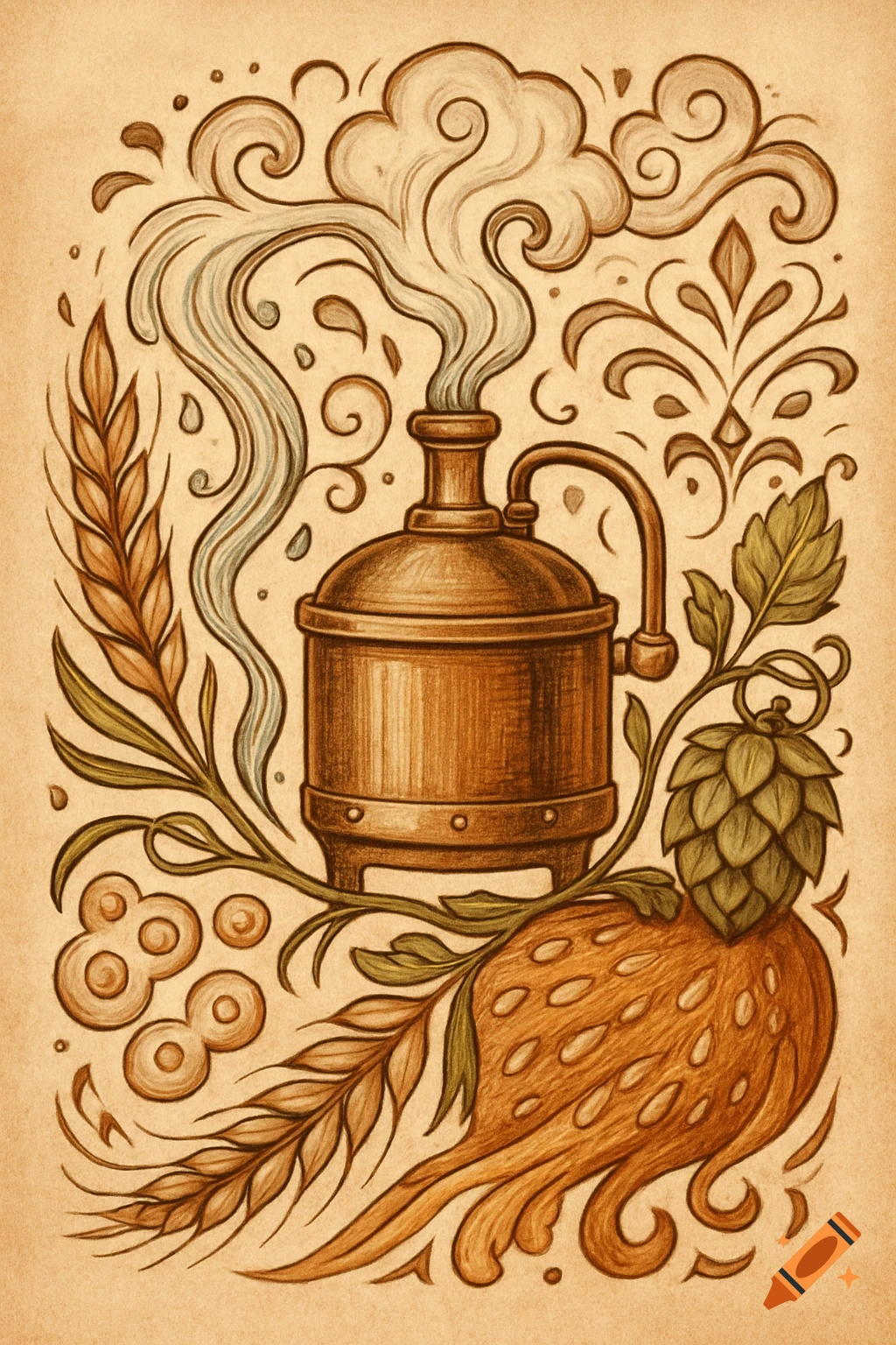 A stylized illustration of a brewing still with hops, wheat, and steam, in a hand-drawn tattoo design style.
