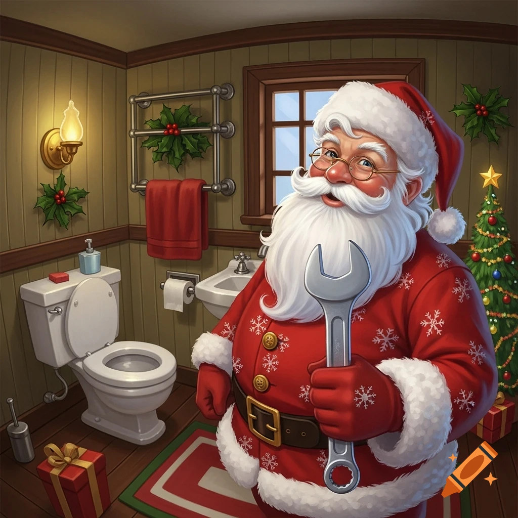 Illustrated Santa Claus in a bathroom, holding a wrench, with a toilet and a small Christmas tree nearby.