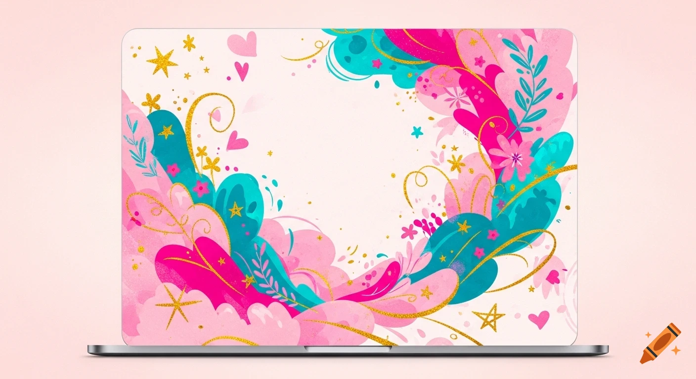 A laptop with a vibrant, abstract background featuring pink and teal shapes, golden swirls, stars, and hearts.