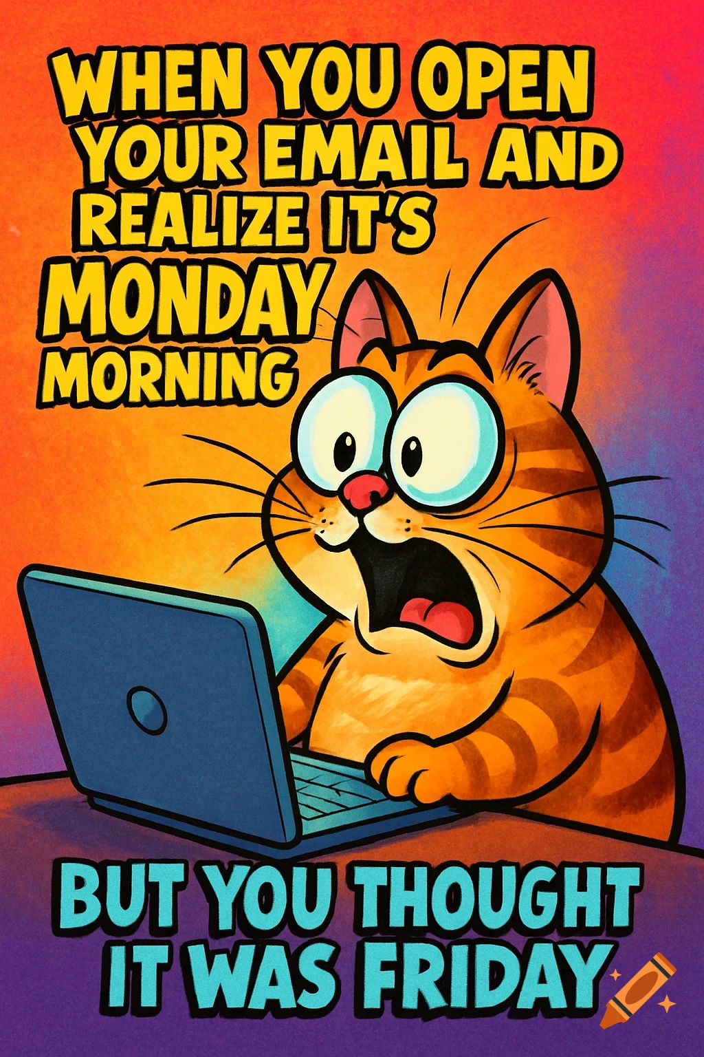 Cartoon of a shocked orange cat looking at a laptop with text about realizing it's Monday morning instead of Friday.