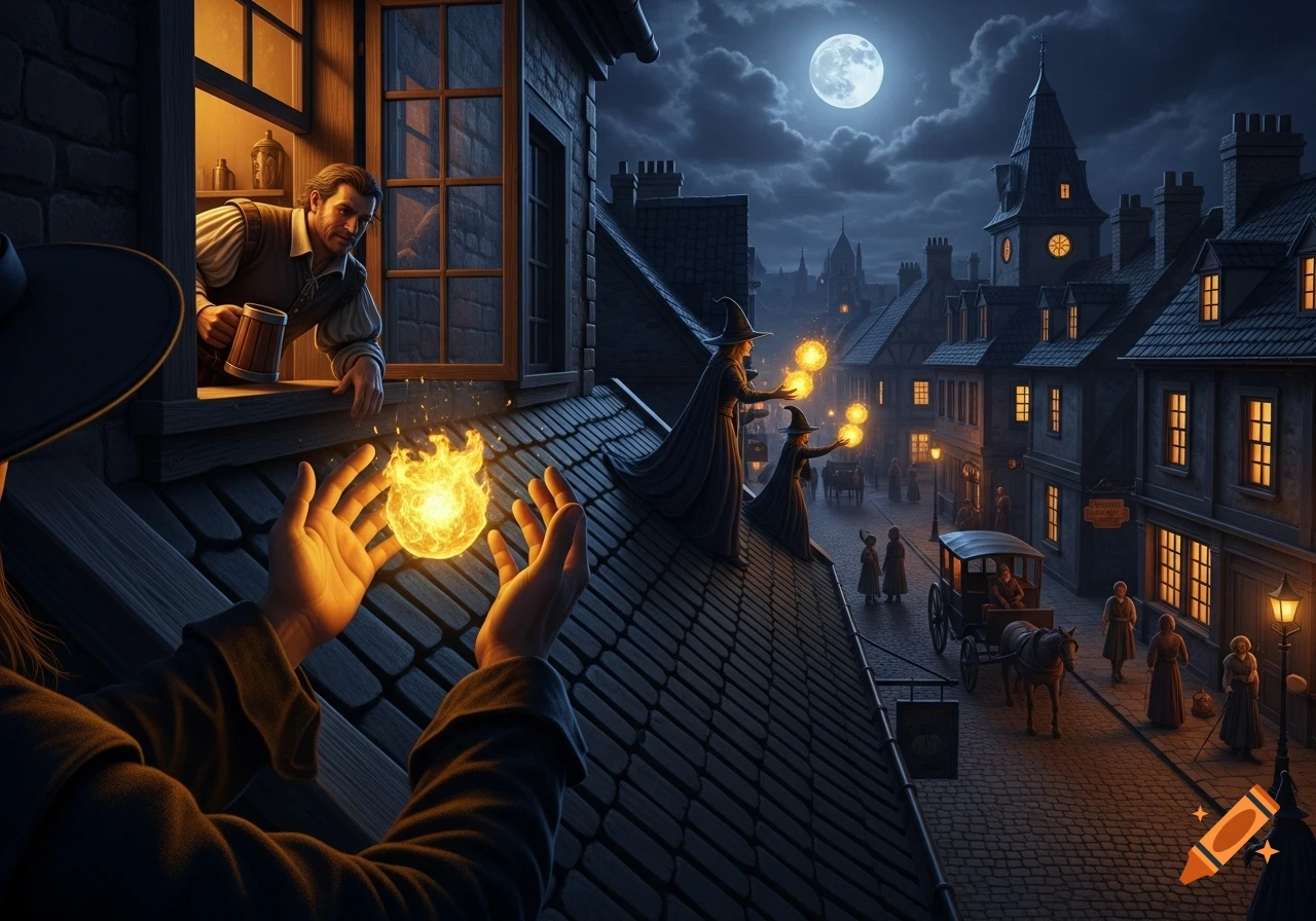 A witch's perspective from a dark rooftop, holding a glowing fireball. Below, a man in a tavern window watches as other witches on rooftops cast spells over a 19th-century cobblestone street with a carriage and pedestrians under a full moon.