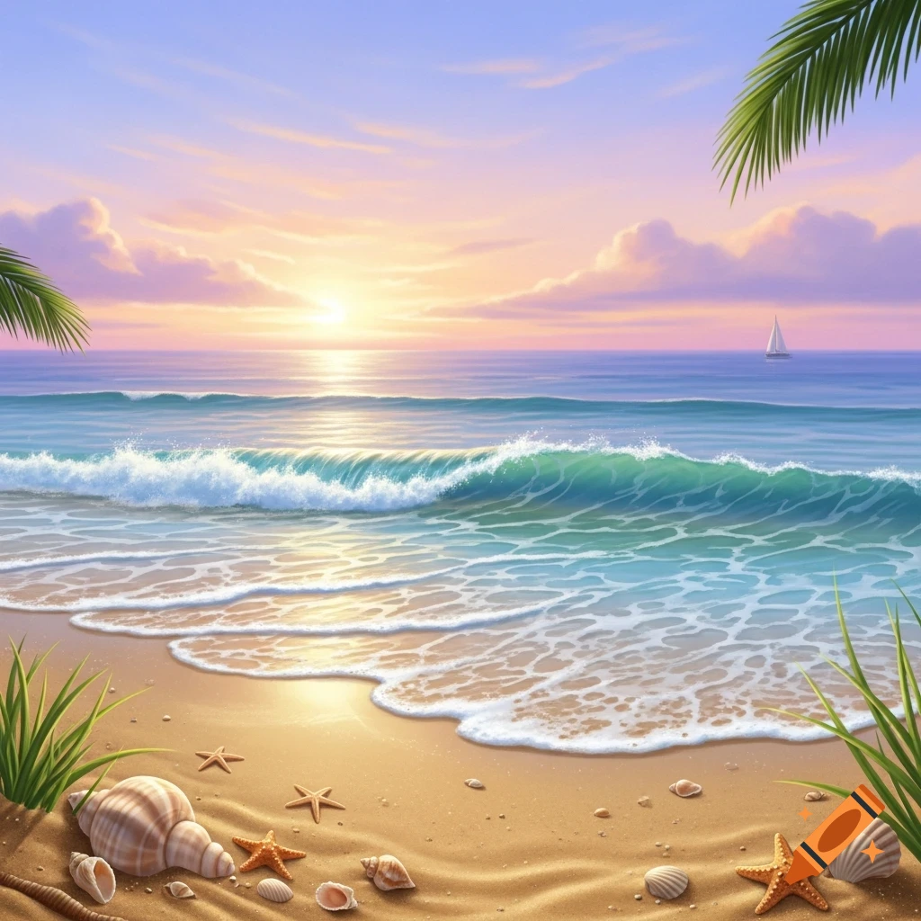 Vibrant beach sunset illustration with waves on the sand, seashells, starfish, and distant sailboat, framed by palm fronds.