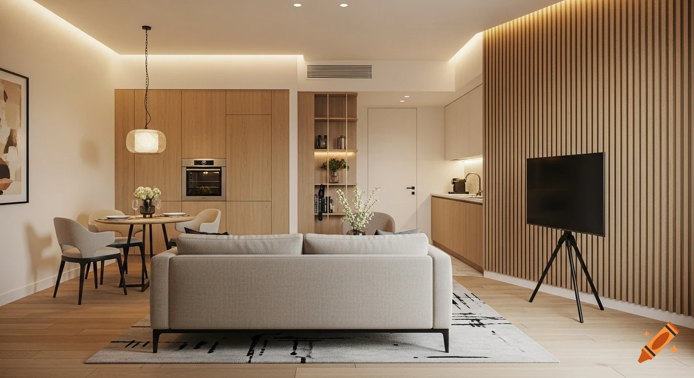 A warm, modern luxury hotel-style living room with a gray sofa, wood accent wall, easel TV, and small dining area.