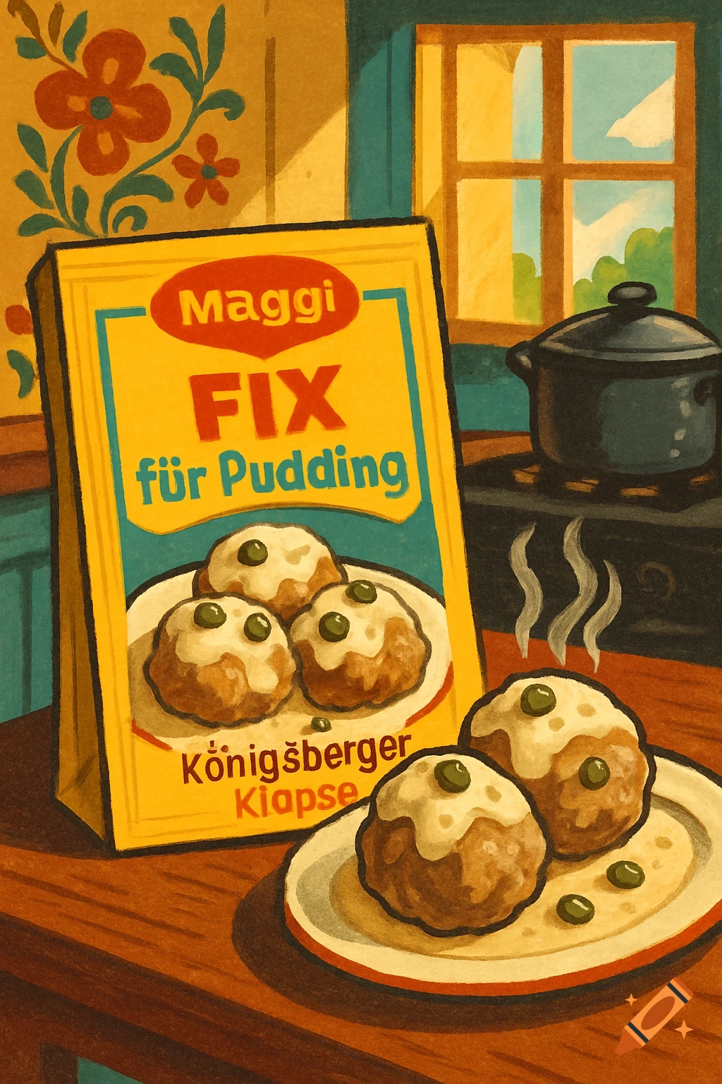 Stylized illustration of a yellow Maggi FIX box for Königsberger Klopse, with prepared meatballs on a plate in a kitchen.