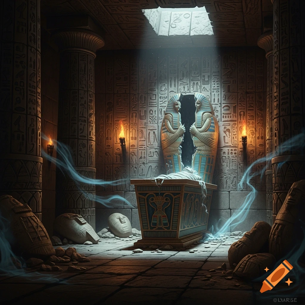 An ancient Egyptian tomb with an open sarcophagus containing a mummy, surrounded by glowing blue wisps. Hieroglyphs cover the walls and pillars.