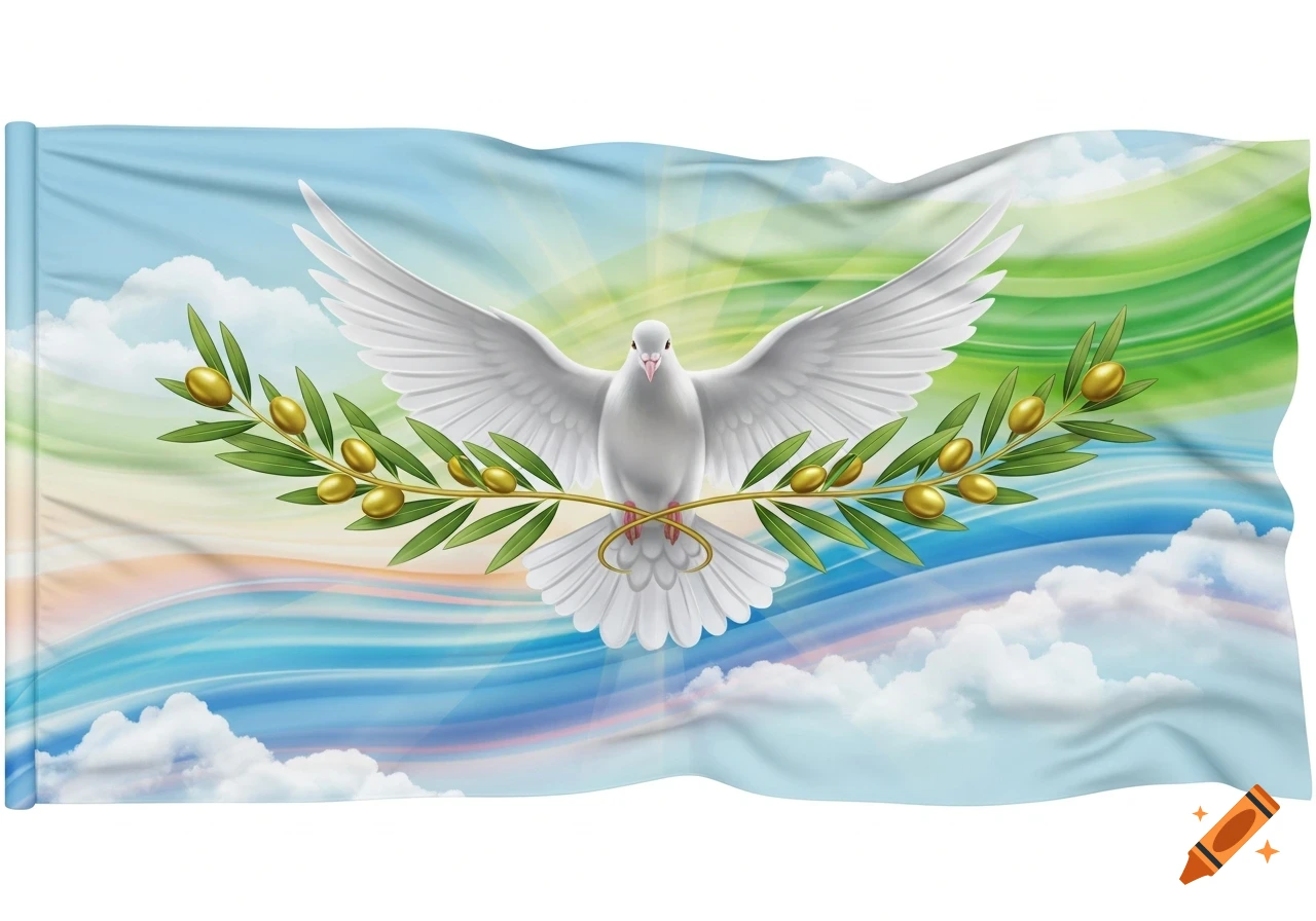 A white dove with outstretched wings holds an olive branch, centered on a waving flag with a blue and green sky background and sun rays.