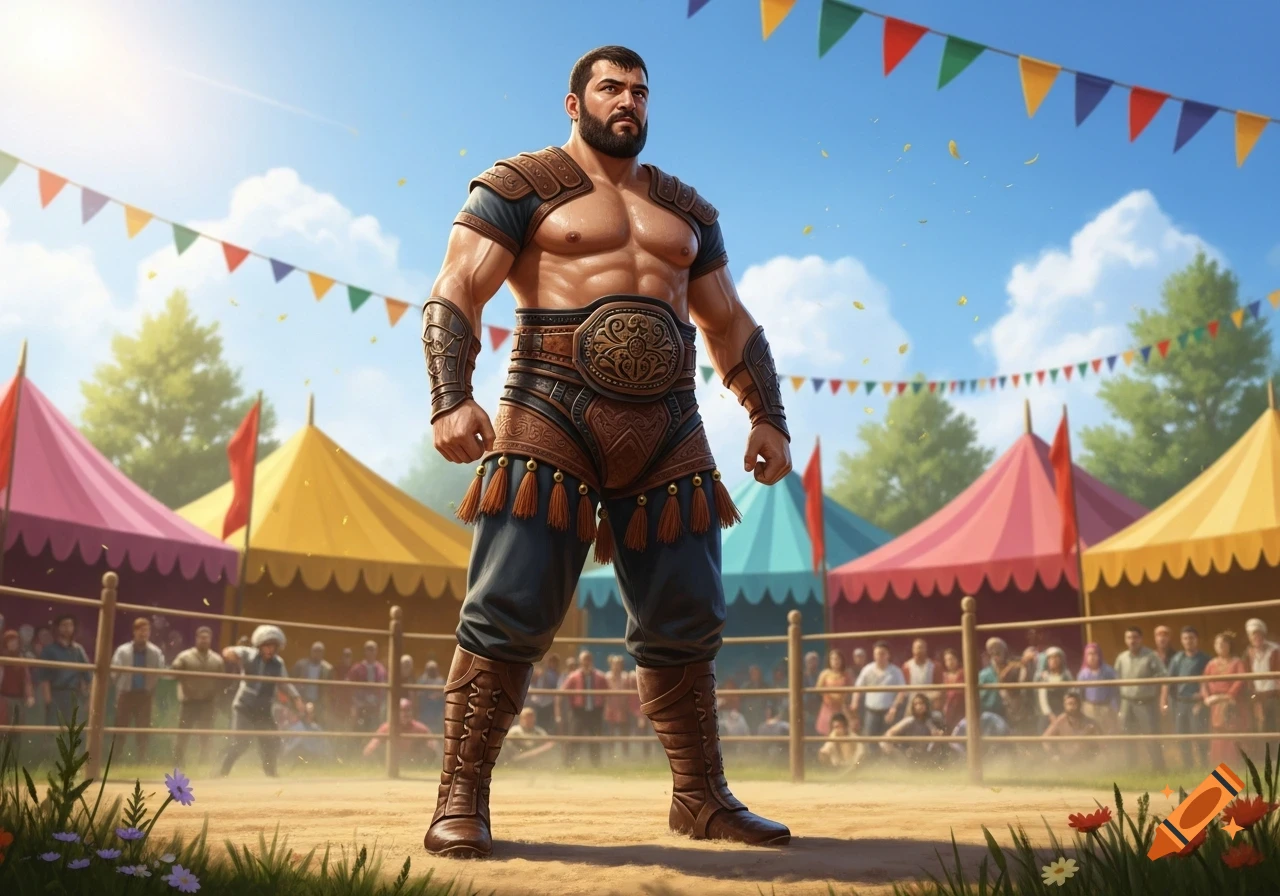 A muscular man with a beard, dressed as a traditional Turkish wrestler, stands in an outdoor arena with colorful tents and a crowd in the background.