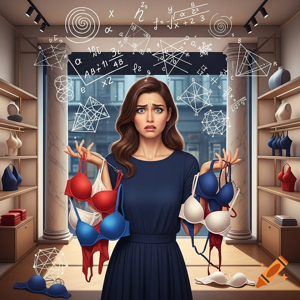 A bewildered woman in a blue dress holds multiple bras in a lingerie store, with complex mathematical equations floating around her head.