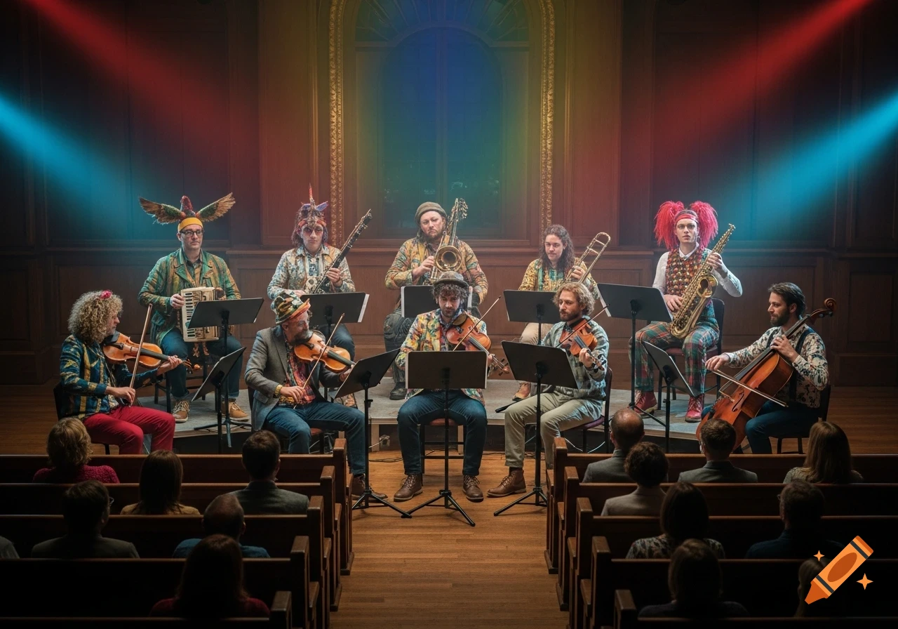 A quirky orchestra performs on stage under red and blue spotlights, while an audience watches from rows of wooden pews.