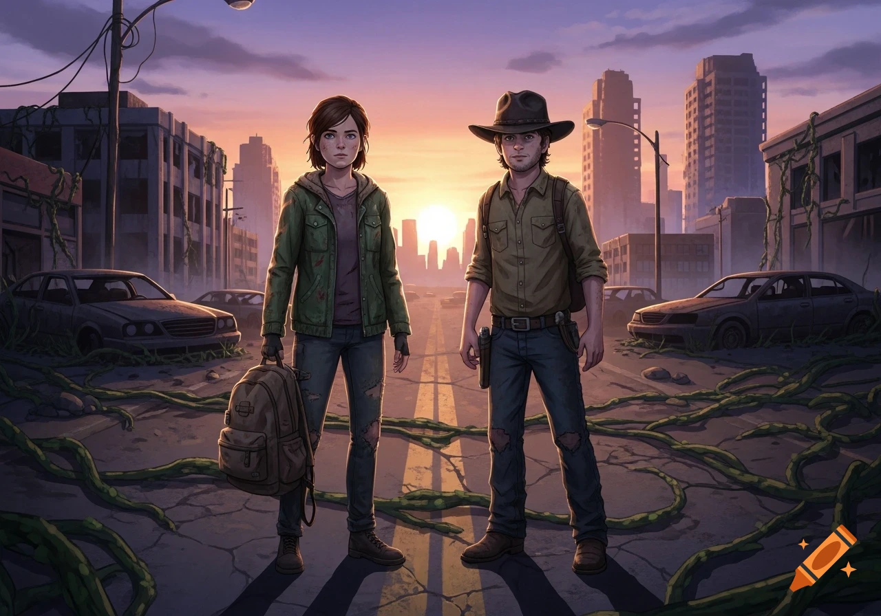 An illustrated woman with a backpack and a man in a cowboy hat stand on a vine-covered, destroyed city street at sunset.