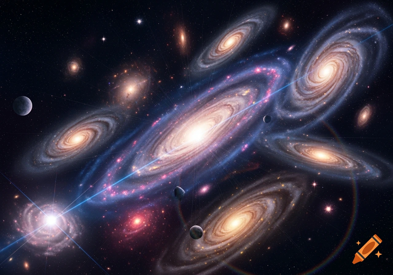 A vibrant cosmic scene with multiple spiral galaxies, planets, and glowing stars against a dark universe.