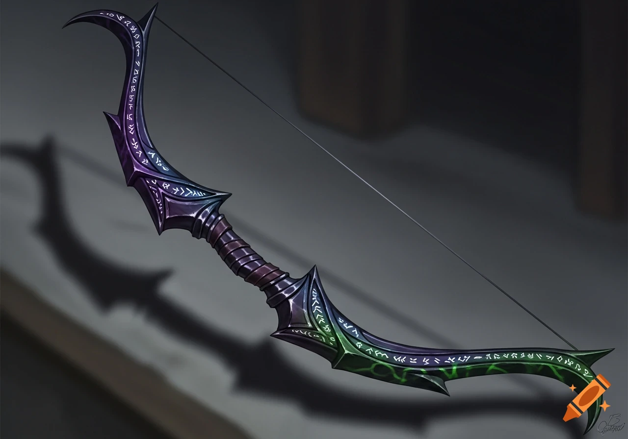 An ornate, dark Drow bow with glowing purple, blue, and green accents and ancient runes etched into its surface.