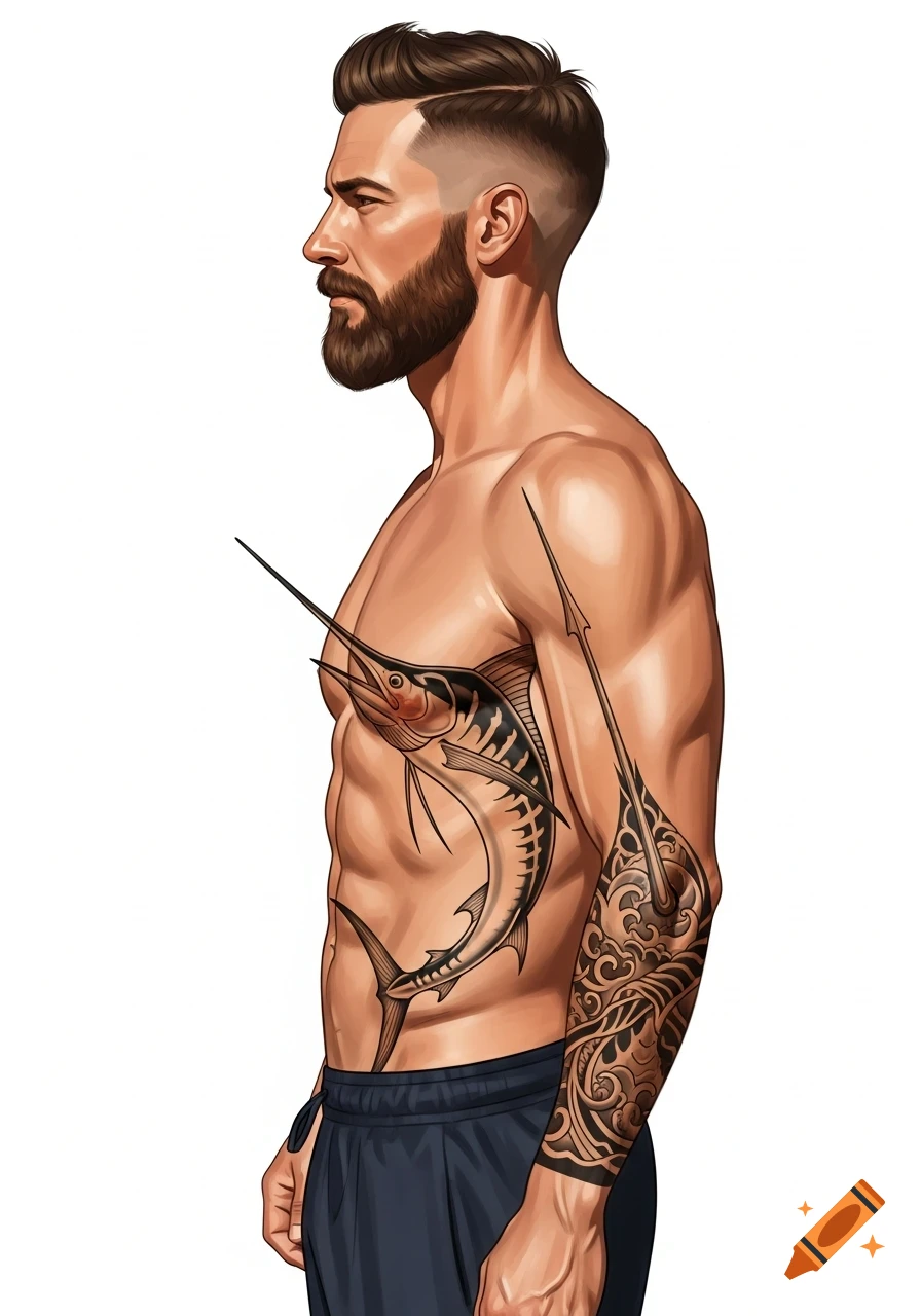 An illustration of a shirtless, athletic man with a beard, short faded hair, and a large marlin tattoo on his side.