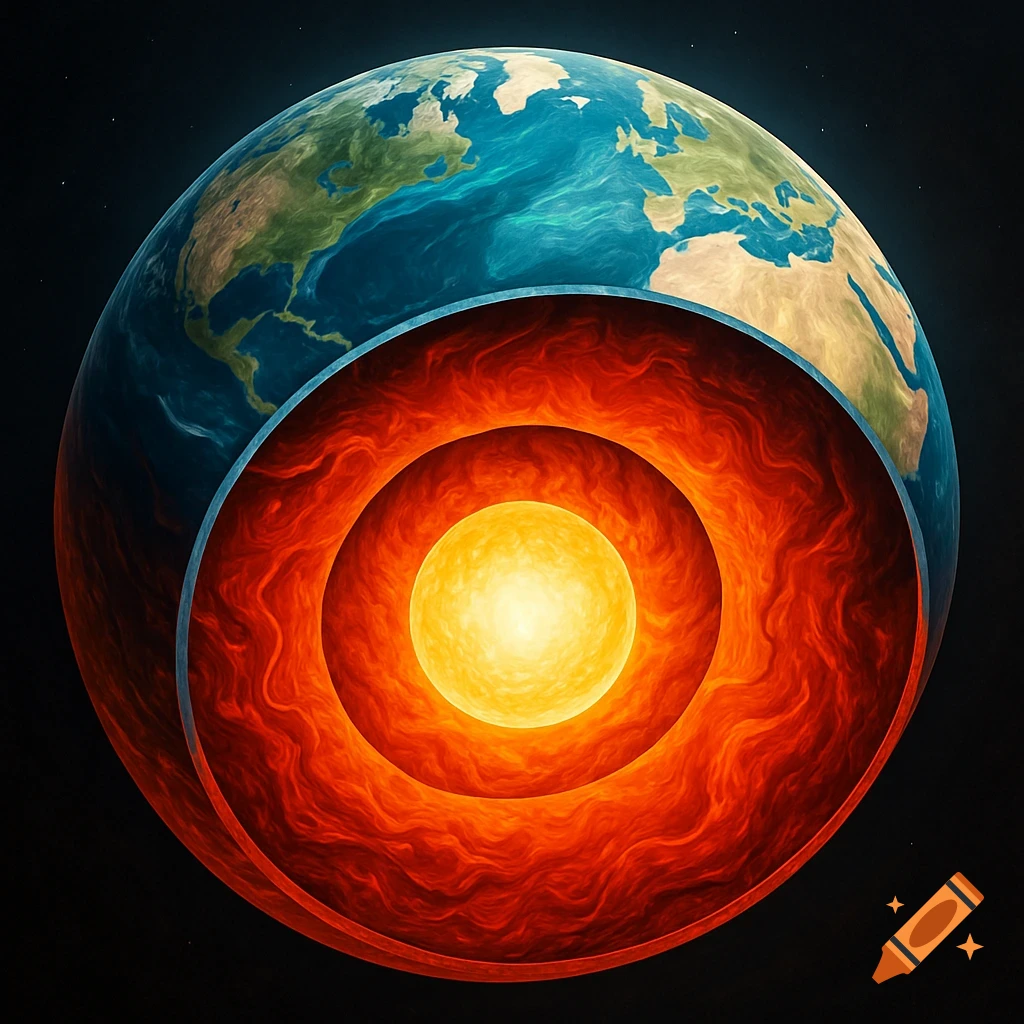 Detailed cutaway view of Earth, revealing its internal layers including the crust, mantle, and glowing core against a dark background.