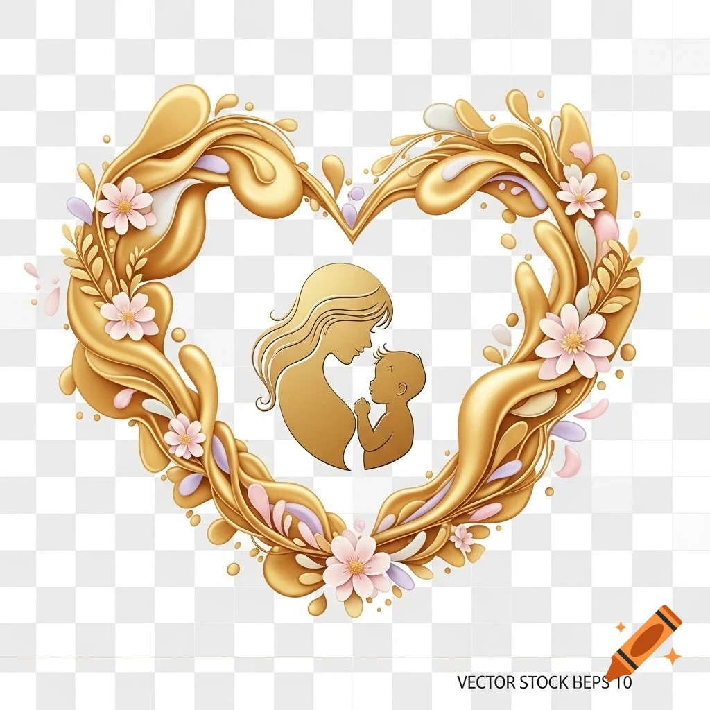 A gold heart-shaped frame with flowing liquid elements and pink flowers, enclosing a silhouette of a mother holding her child.