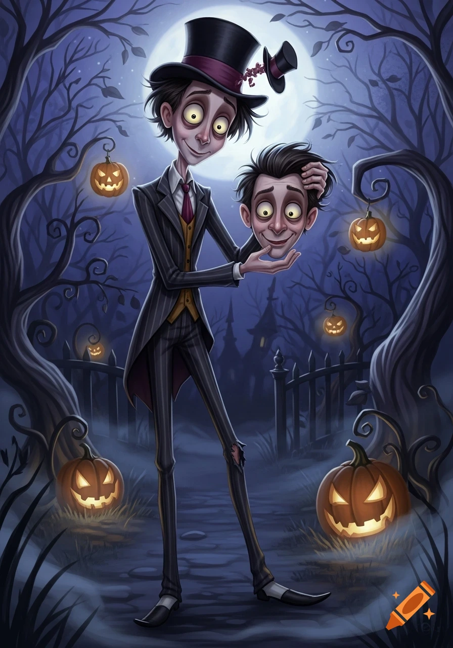A gaunt Tim Burton-style character in a suit and top hat holds his own detached head in a spooky Halloween scene with jack-o'-lanterns and twisted trees.