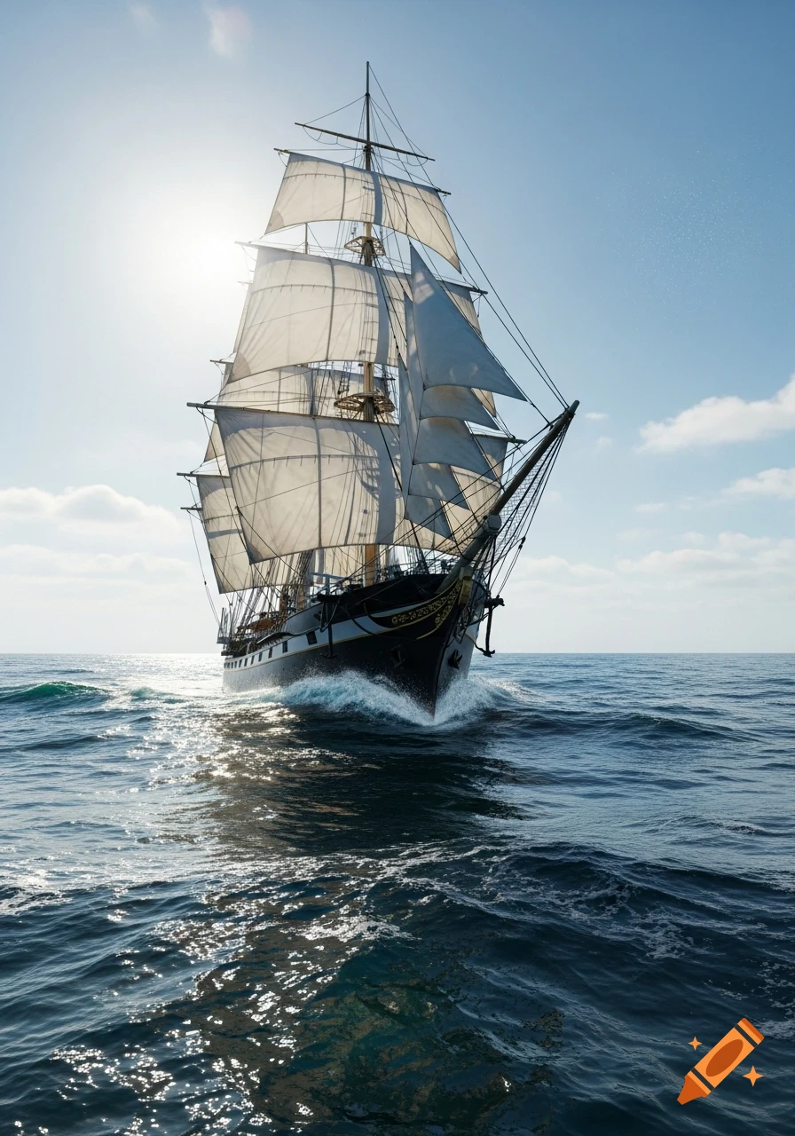 A majestic tall ship with white sails cuts through sparkling blue ocean waters under a bright sky.
