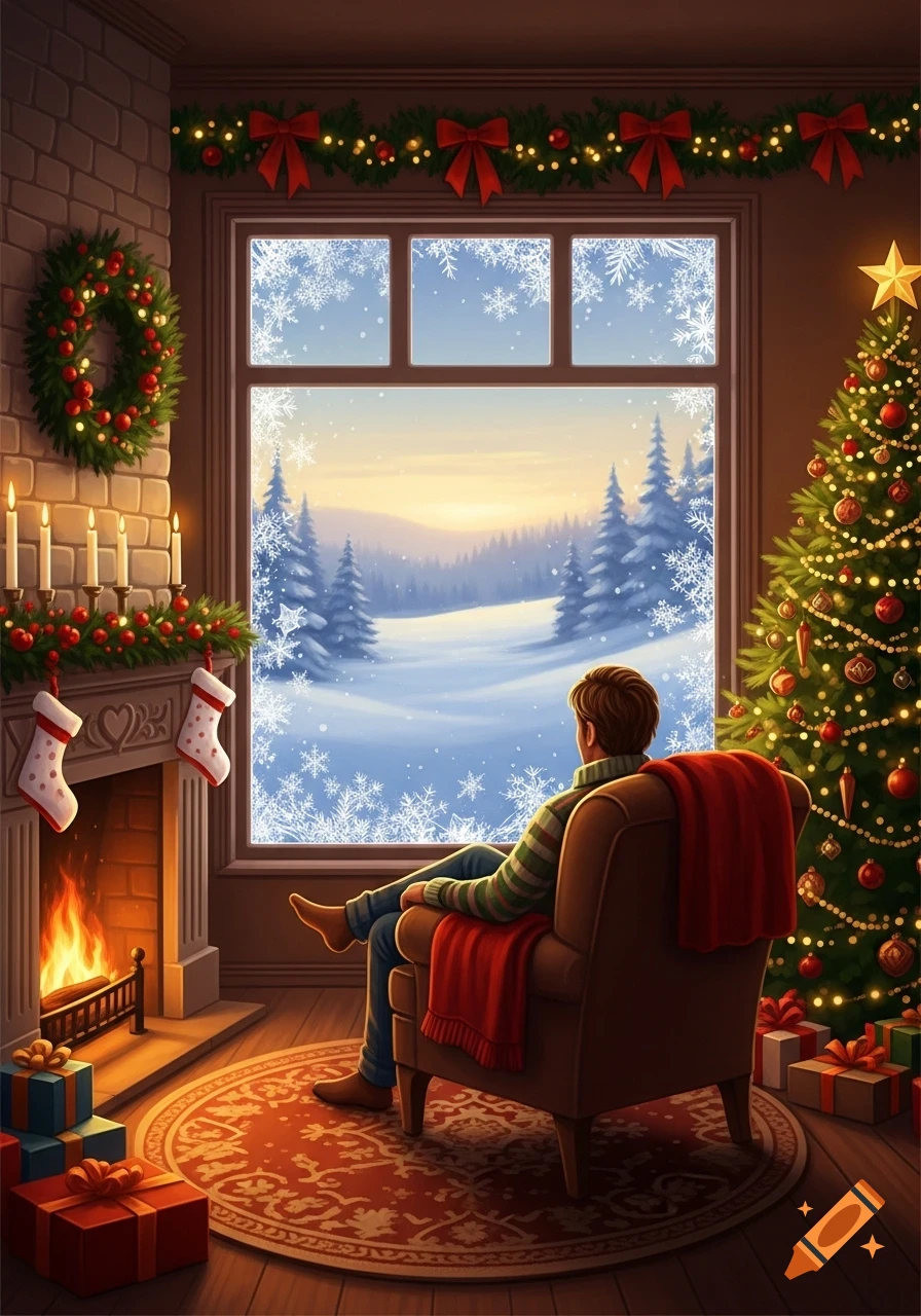 A person sits in an armchair, covered with a red blanket, looking out a snow-covered window at a winter landscape. The room is decorated for Christmas with a fireplace, wreath, candles, and a Christmas tree.