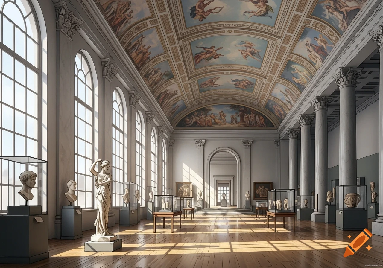 A grand museum hall with a high arched ceiling painted with classical frescoes. Sunlight streams through tall arched windows on the left, illuminating marble statues and busts on pedestals. Columns line the right side of the hall.