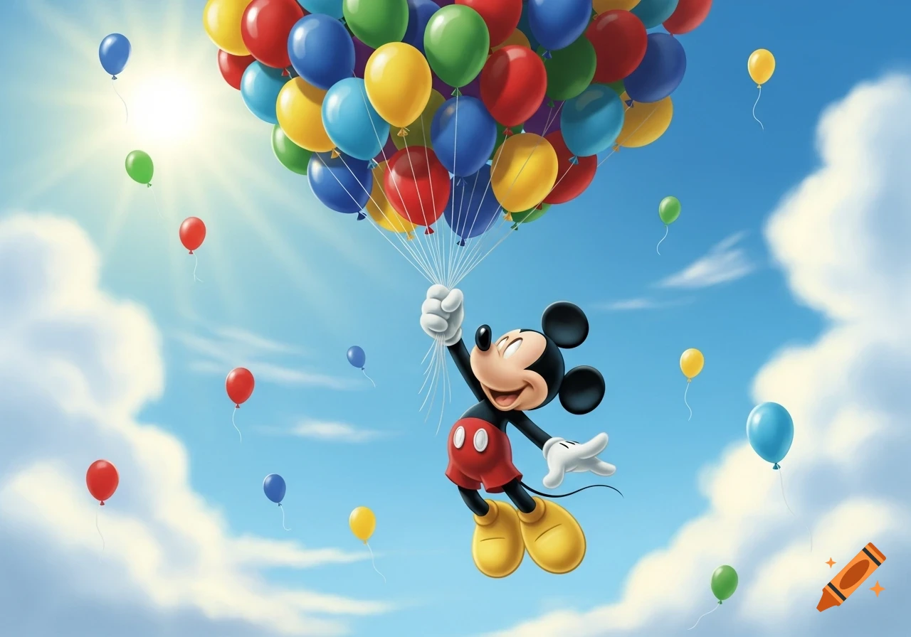 Mickey Mouse floats cheerfully in a bright blue sky, holding a large bunch of colorful balloons, with other balloons scattered around.