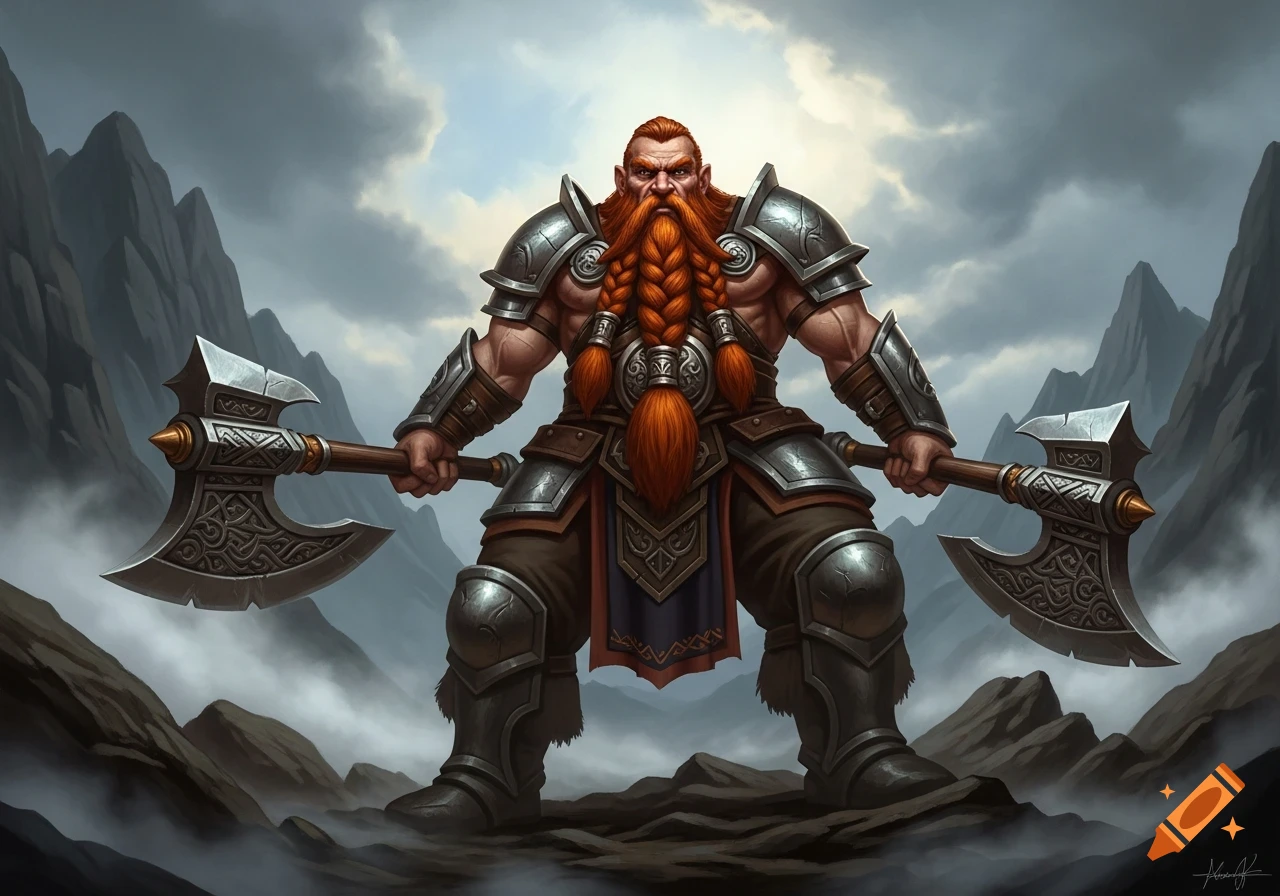 A muscular dwarf warrior with a braided orange beard and armor holds two battle axes in a rocky, misty mountain landscape.