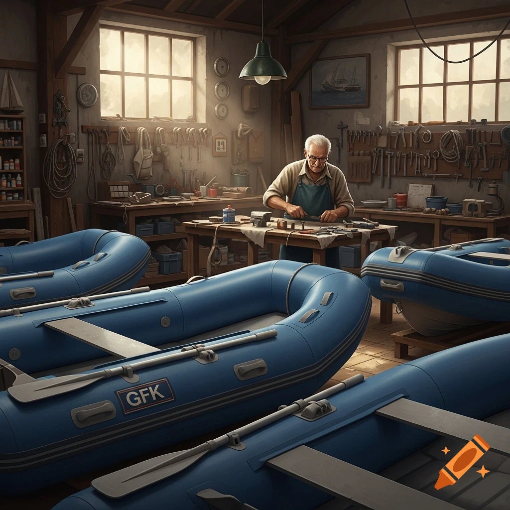 An old man with white hair repairs blue inflatable boats in a rustic workshop filled with tools on workbenches and walls.