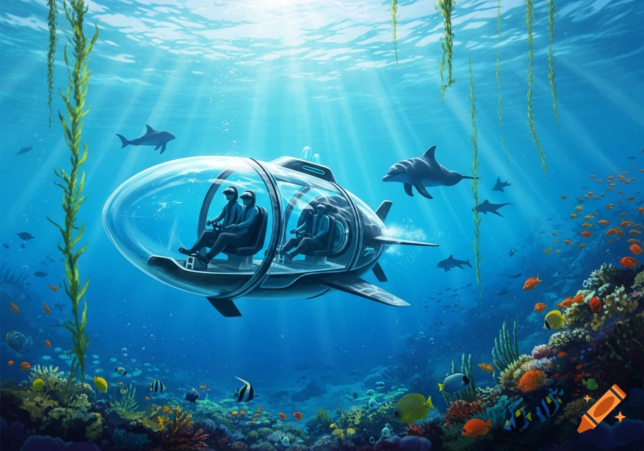 Transparent submarine with people exploring a vibrant coral reef, surrounded by dolphins and fish under sunlit water.