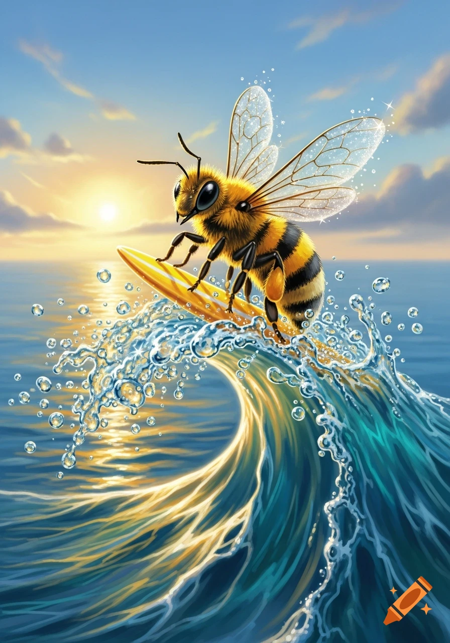 A whimsical illustration shows a fuzzy bee standing on a yellow surfboard, riding a cresting ocean wave at sunset.