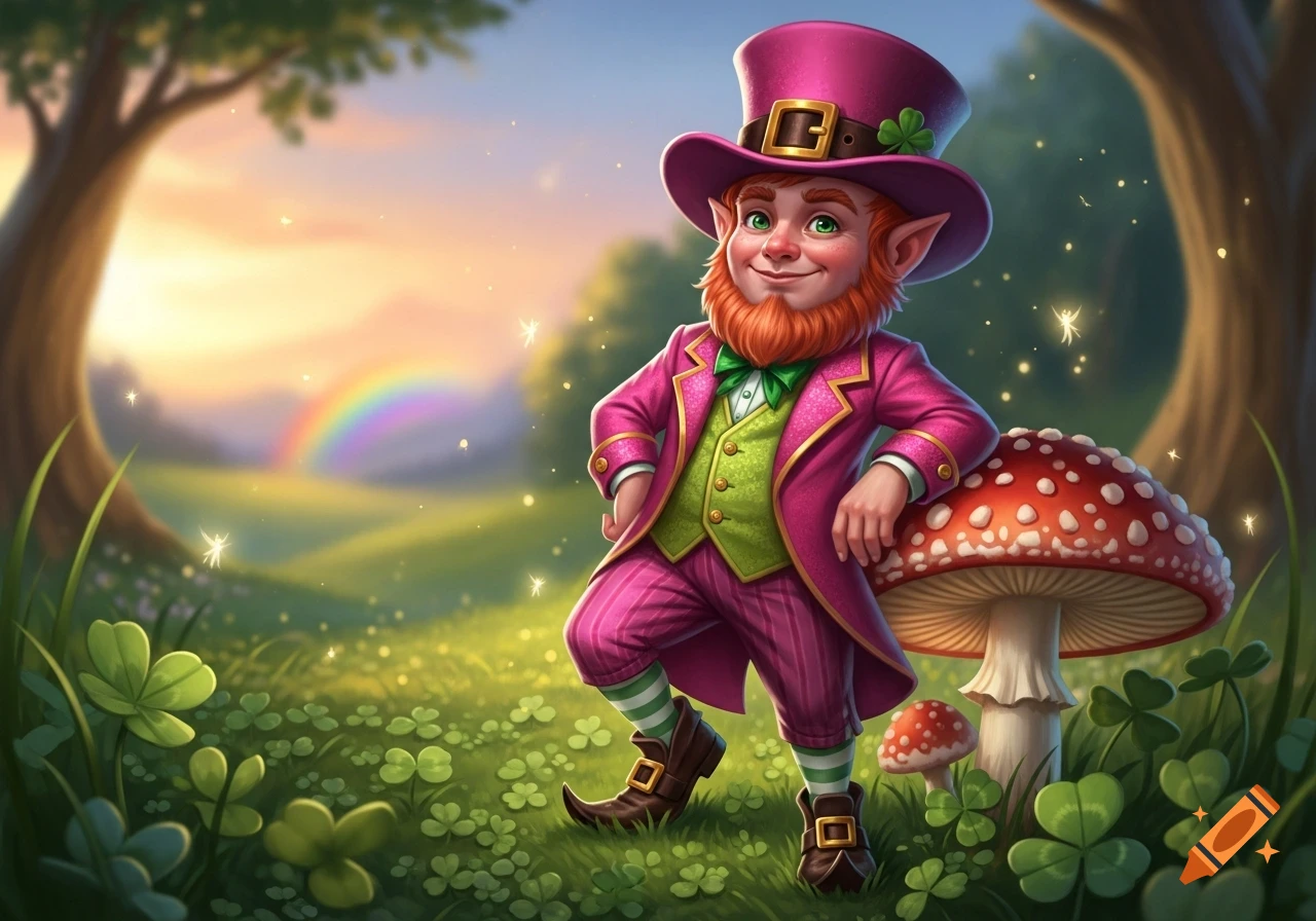 A cartoon leprechaun in a pink suit and hat with a shamrock, leaning on a mushroom in a magical forest with a rainbow.