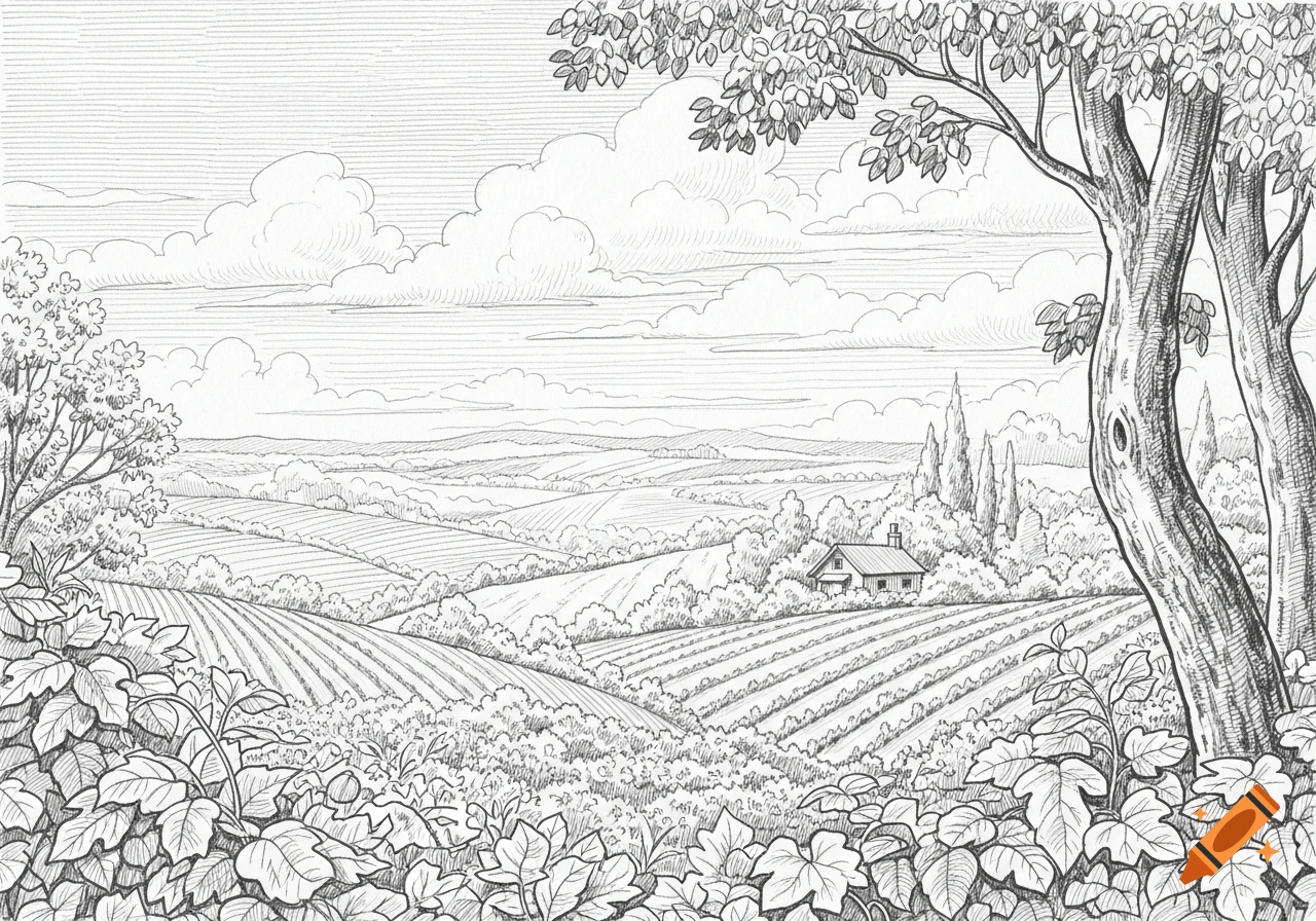 Detailed pencil sketch of a rural landscape with rolling fields, a small house, and trees under a cloudy sky.