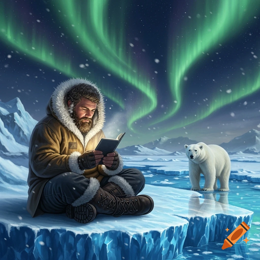 A bearded man in a fur-lined parka reads a glowing book on an ice floe under a vibrant green aurora borealis, with a polar bear standing nearby.