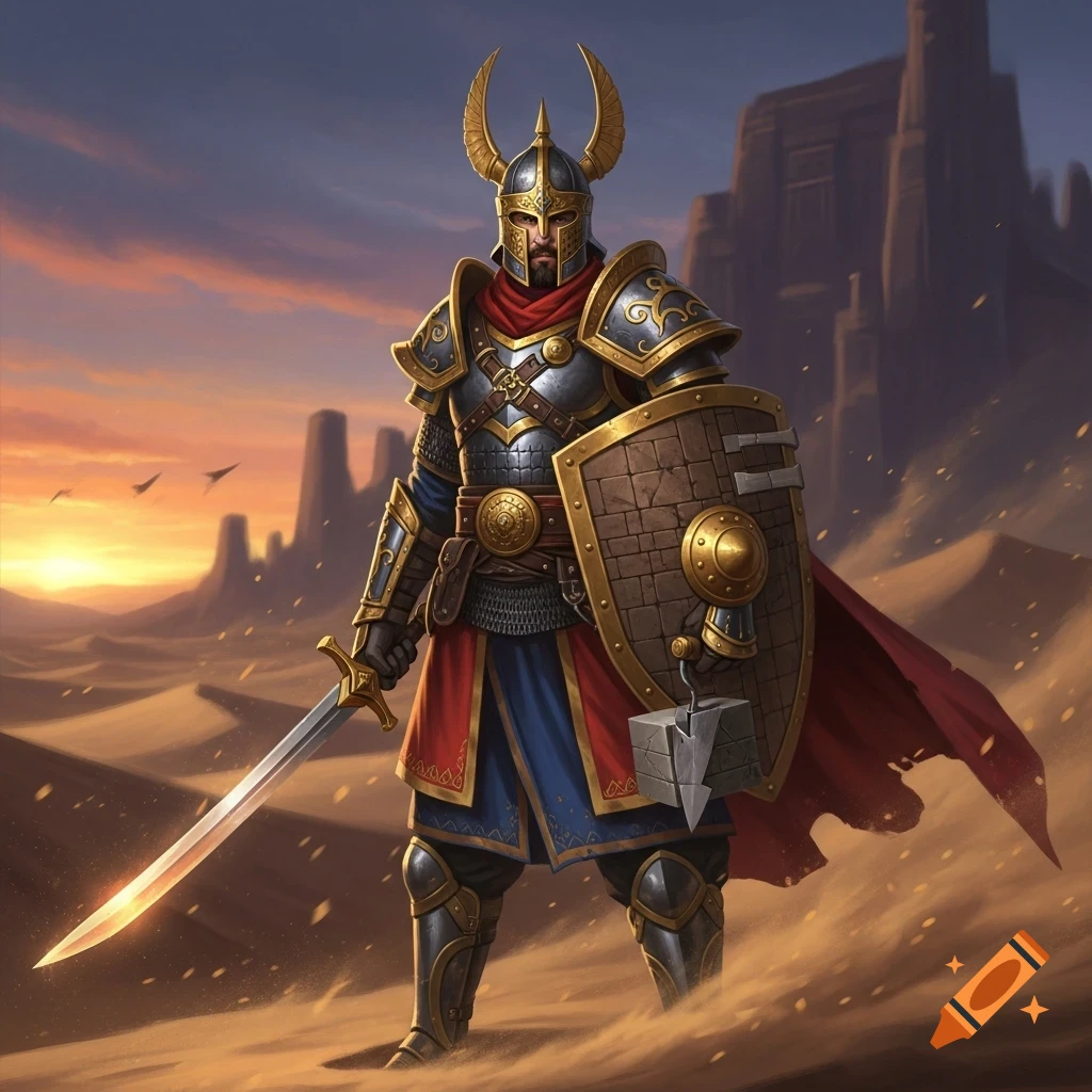 A fantasy knight in ornate gold and silver armor, horned helmet, red cape, holding a glowing sword and trowel in a desert sunset.