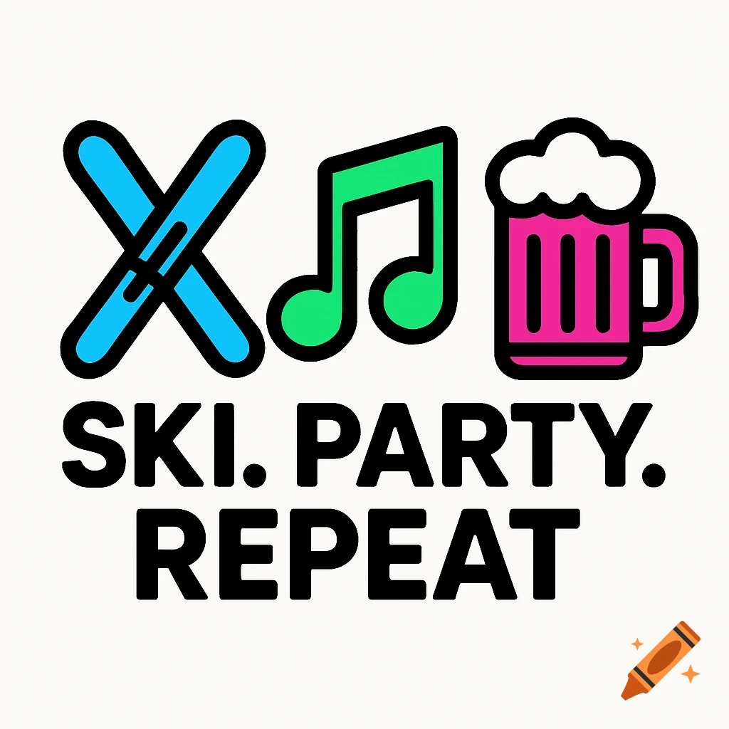 Graphic design with a light blue crossed ski icon, a green music note icon, a pink beer mug icon, and black text that reads 'SKI. PARTY. REPEAT.'.
