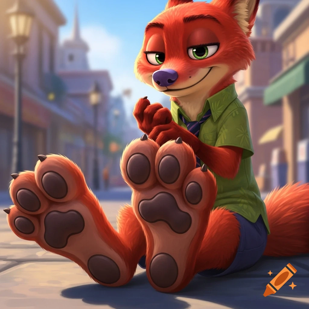 A cartoon anthropomorphic fox, Nick Wilde from Zootopia, sits on a street, showing his large bare paw soles.